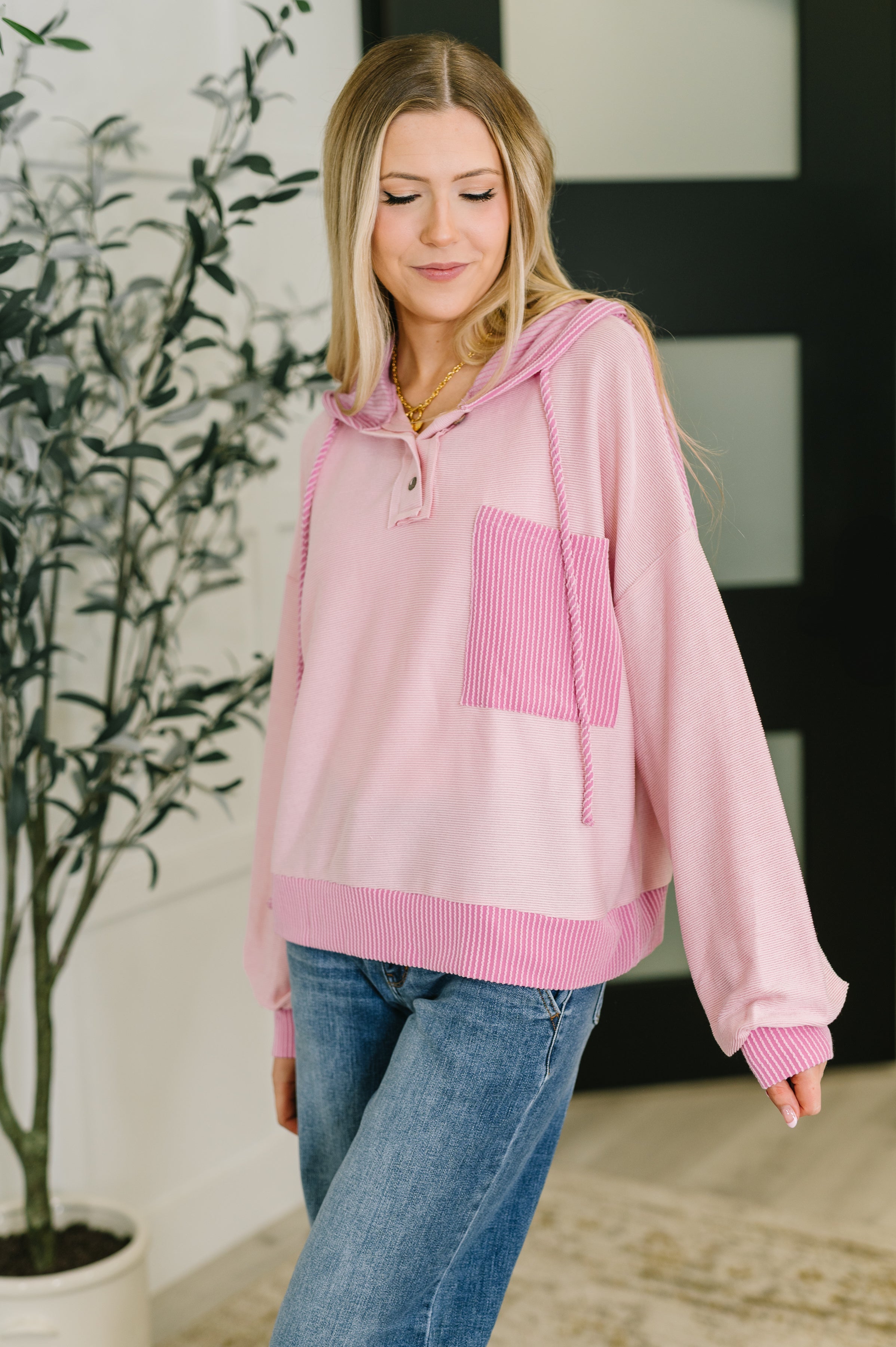 Pink color block hoodie, ribbed knit sweatshirt, women's Henley hoodie, casual pink hoodie, cozy hooded top, lightweight pink sweatshirt, stylish women's loungewear.