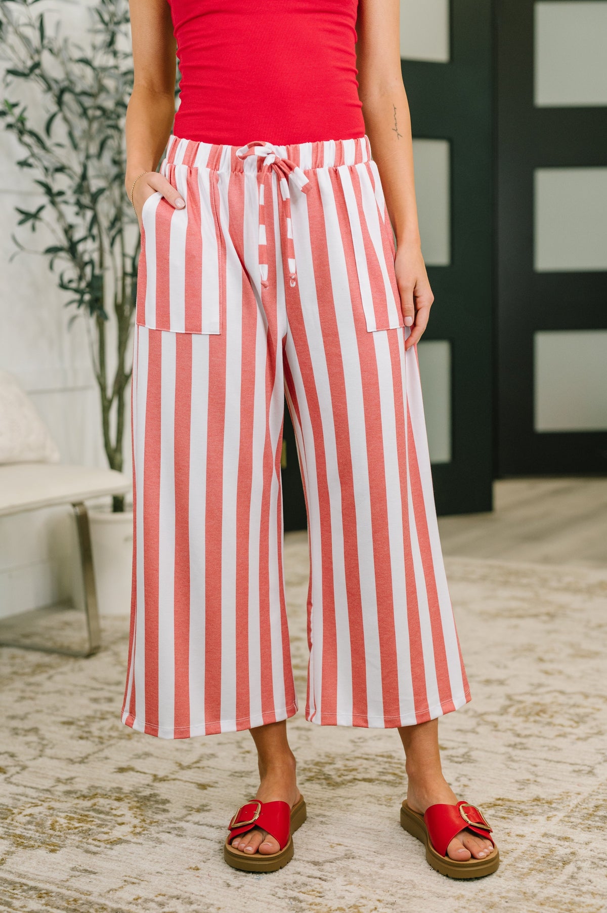 High waisted wide leg bottoms, French terry lounge pants, striped cropped pants, women's drawstring loungewear, comfortable wide leg crops, high-waisted striped bottoms, athleisure chic.