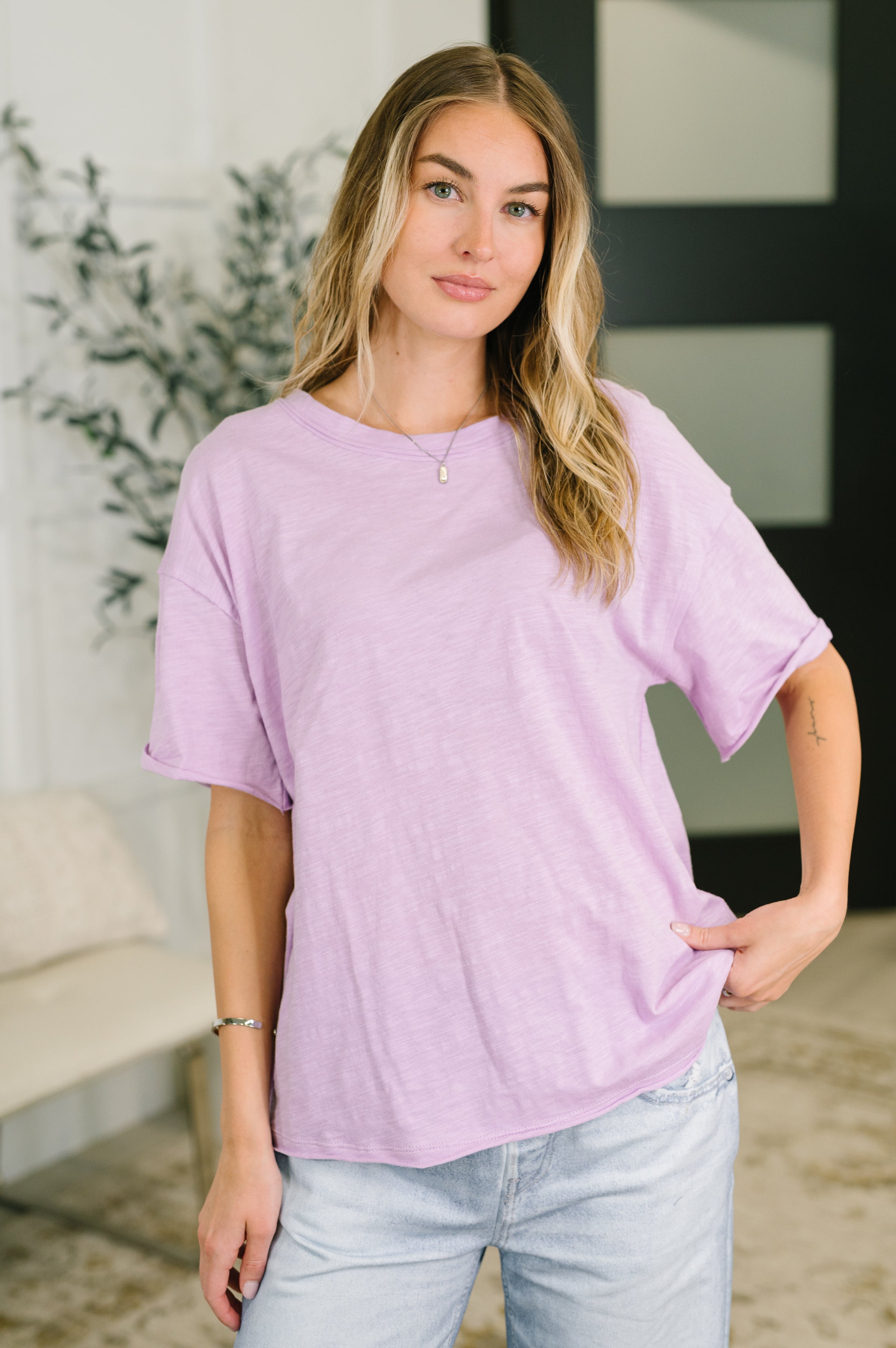 Lilac cotton tee, relaxed fit t-shirt, women's heathered top, drop shoulder lilac shirt, raw hem casual tee, lightweight summer top, boutique cotton basics.