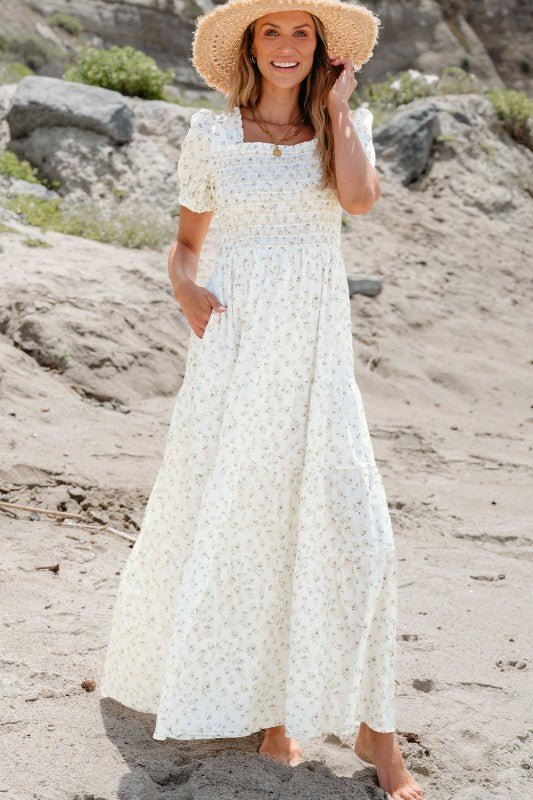 Floral maxi dress, smocked bodice dress, tiered summer dress, puff sleeve maxi, cottagecore fashion, beach wedding guest dress, romantic floral gown, boho summer style.