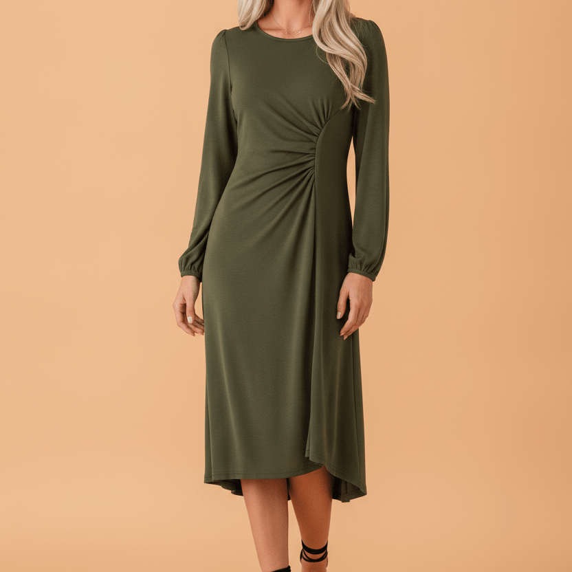 Ruched midi dress, puff sleeve dress, long sleeve midi, elegant cocktail dress, slimming waist dress, versatile day-to-night dress, stretch midi dress, formal brunch attire.