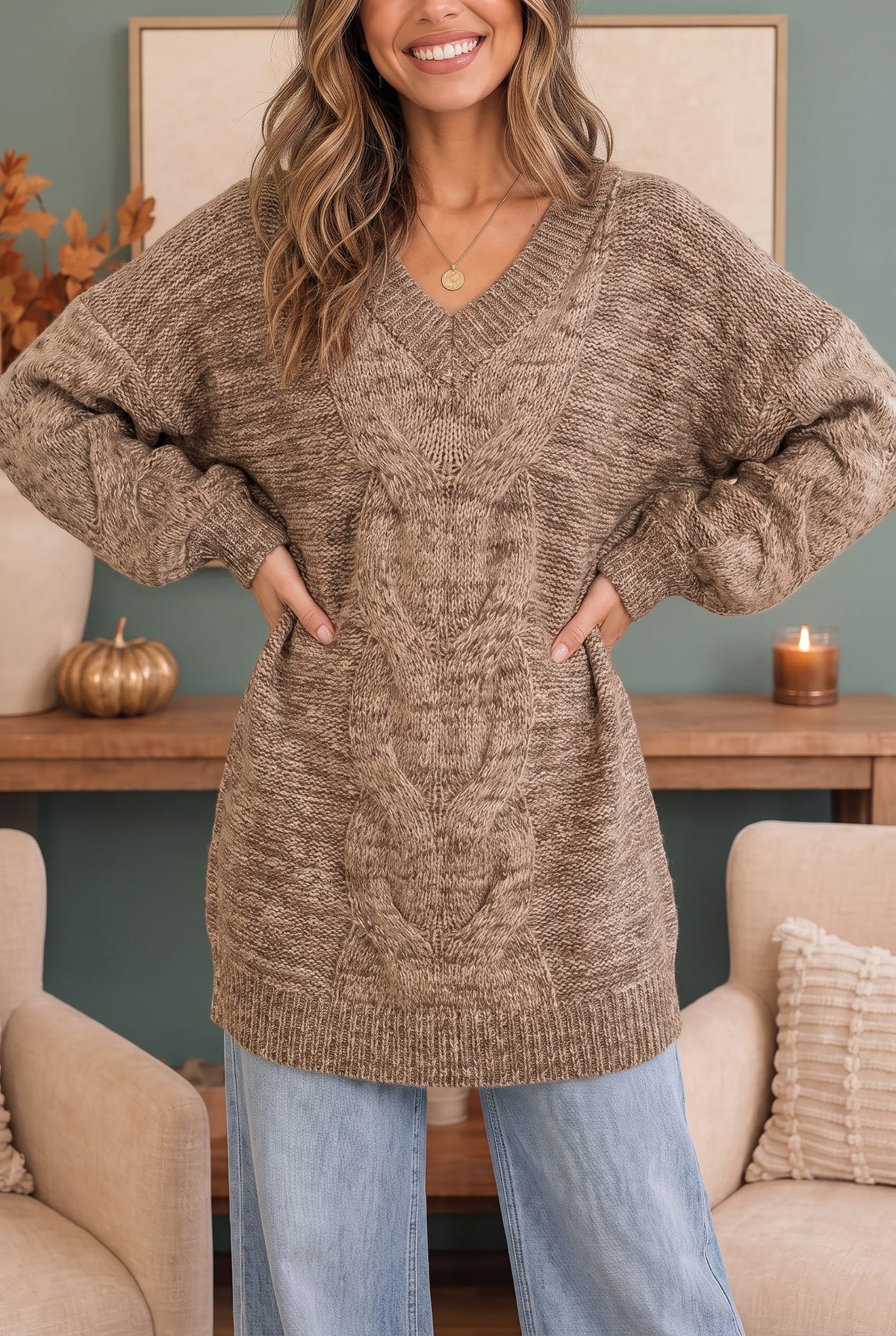 Women’s cable knit sweater, oversized v-neck pullover, mocha marled sweater, fall knitwear, relaxed fit sweater, cozy winter tops, boho knit pullover, Friday Night Lights sweater.