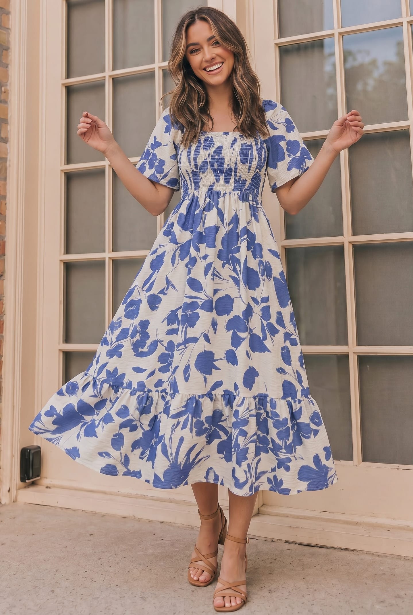 Floral midi dress, smocked summer dress, blue floral sundress, tiered midi dress with pockets, flutter sleeve dress, casual summer fashion, brunch outfit ideas, 100% polyester dress.
