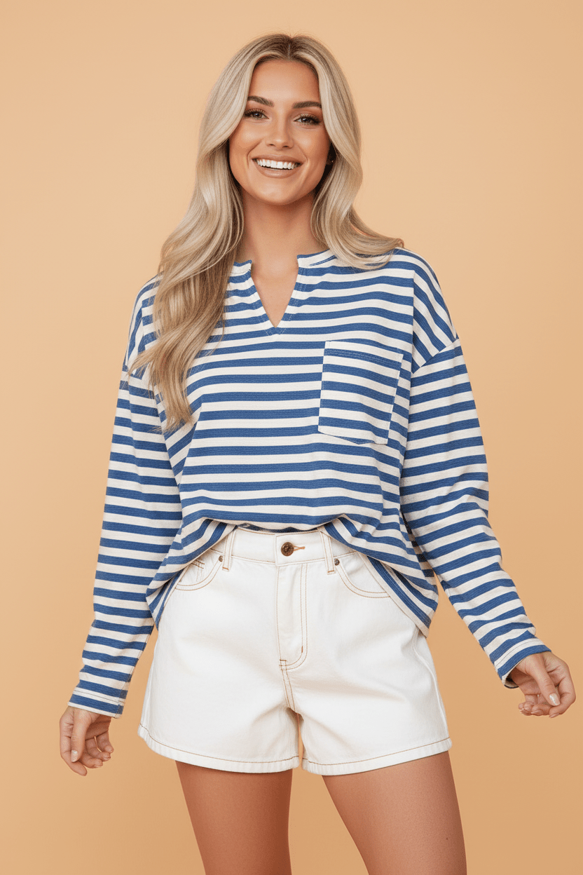 striped top, button back shirt, notched v-neck, long sleeve striped top, boutique clothing, nautical style, women's casual tops, everyday fashion, cotton blend top, chic basics