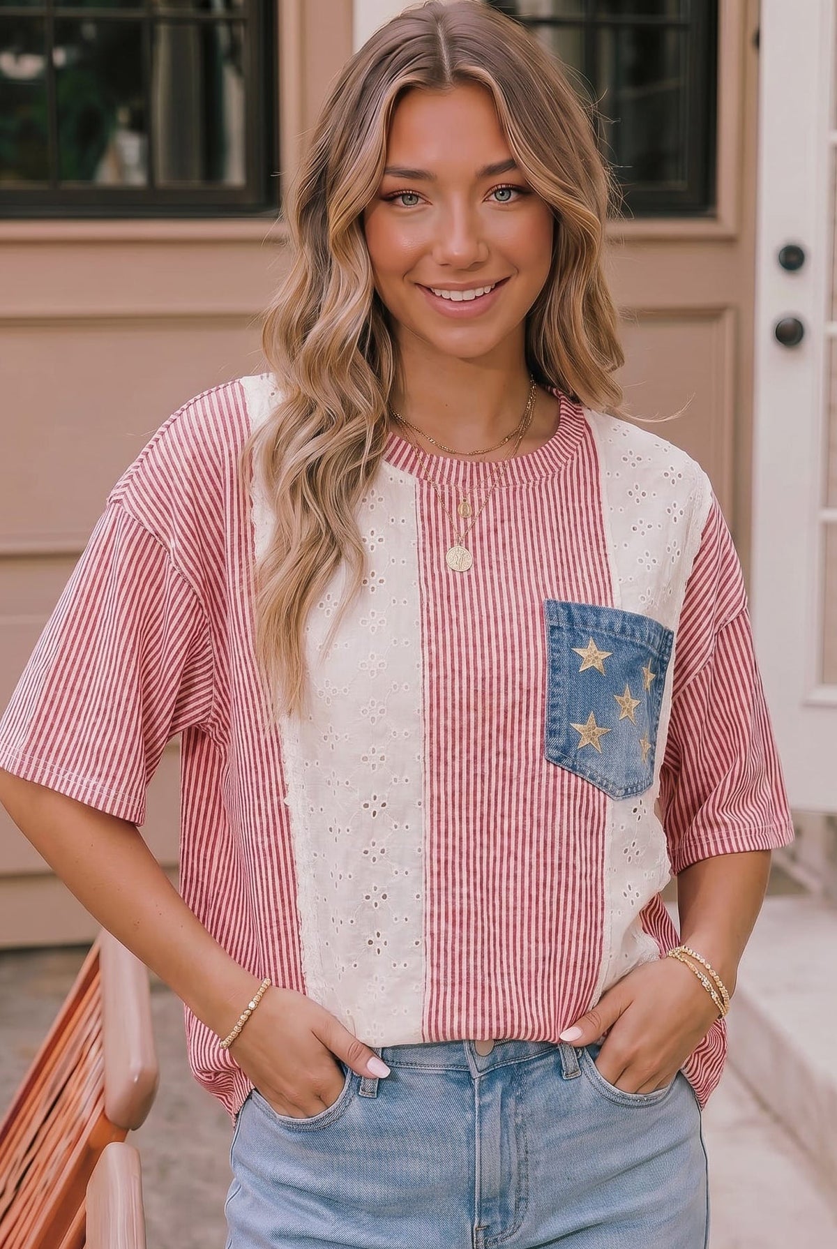 Americana clothing, 4th of July outfit, stars and stripes top, patriotic women's shirt, eyelet lace top, cotton summer tee, red and white striped top, star embroidery denim pocket.