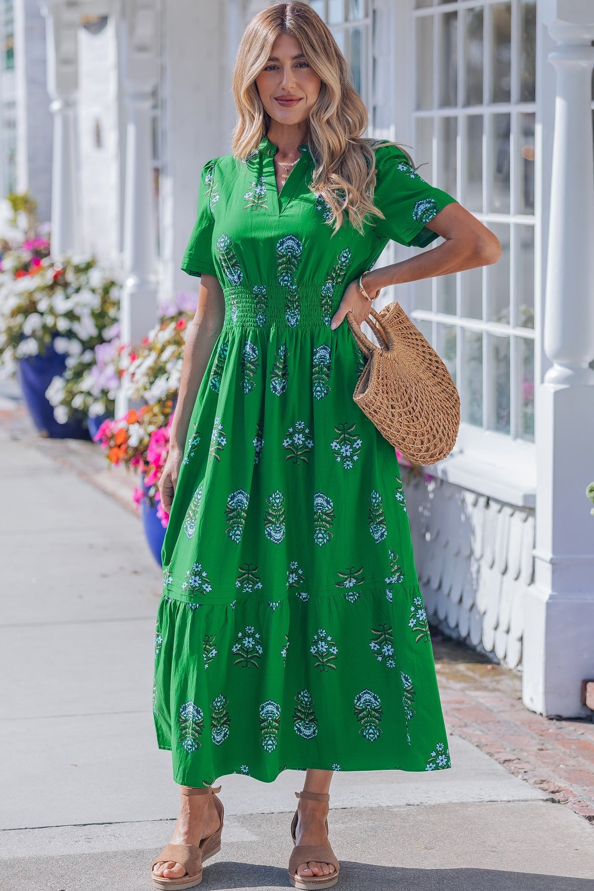 floral maxi dress, green floral dress, shirred waist dress, cotton viscose maxi, spring garden party dress, split neck dress, boho maxi dress green, summer floral dress, ruffle hem maxi.