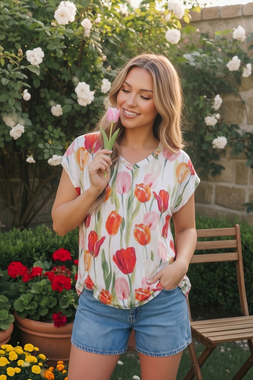 Floral print top, watercolor tulip shirt, women's V-neck floral top, spring floral blouse, casual summer top, white tulip print shirt, relaxed fit women's top