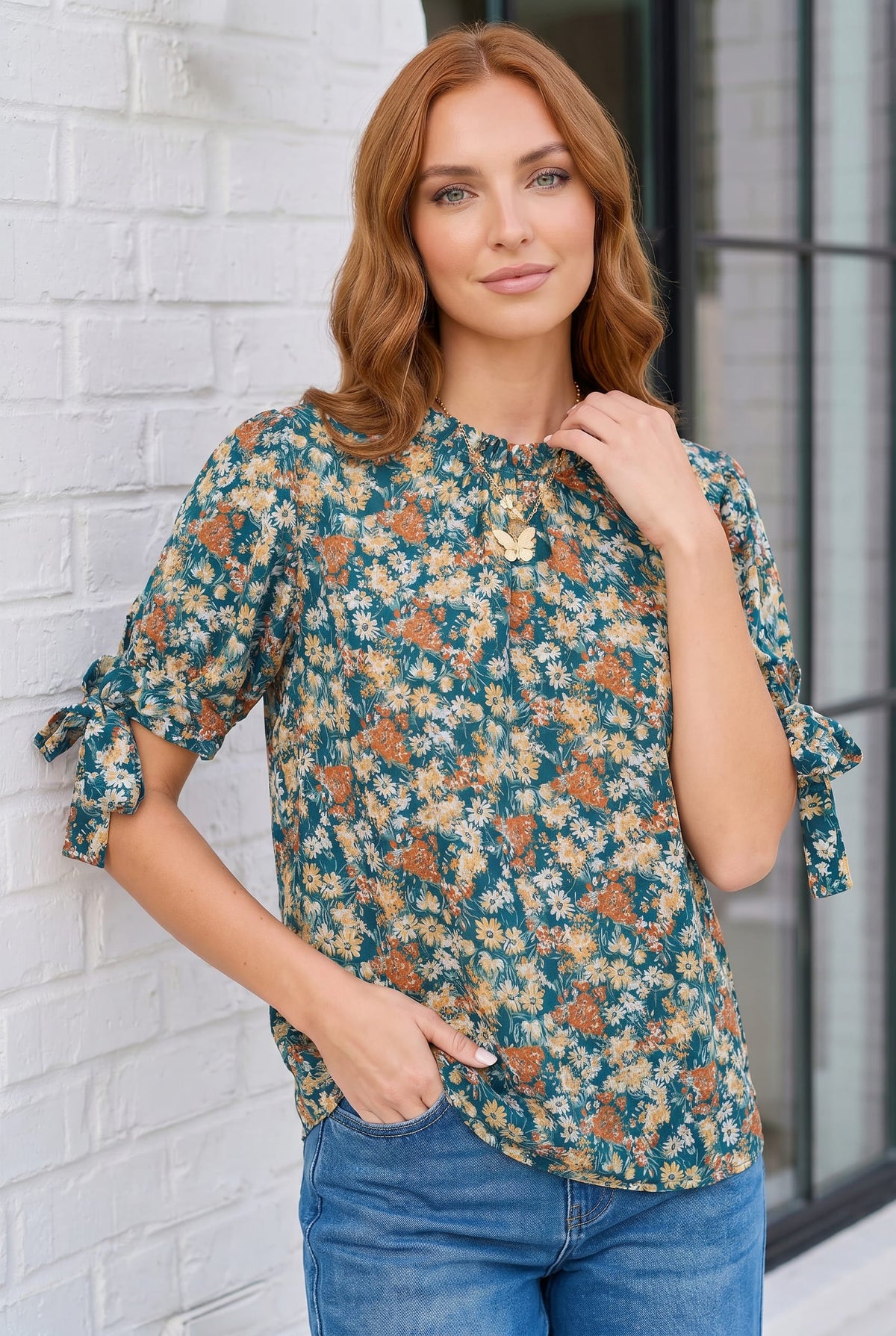 Teal floral blouse, ditsy print top, tie sleeve blouse, ruffle neck top, women’s puff sleeve shirt, boho floral blouse, flowy teal top, spring fashion 2026