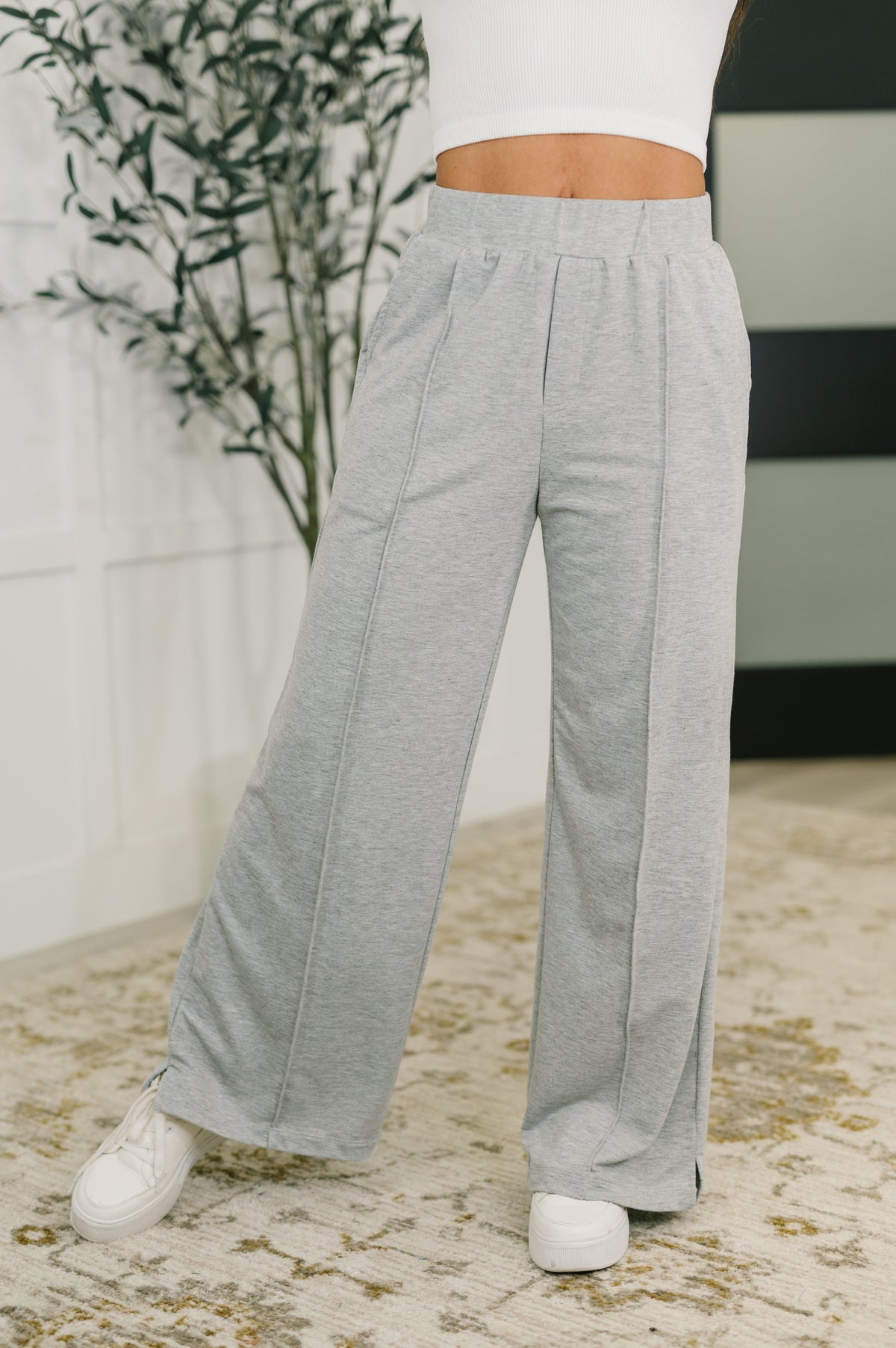 wide leg knit pants, center seam trousers, elastic waist pants for women, stretchy lounge pants, elevated knitwear, comfortable wide leg bottoms, heather gray loungewear