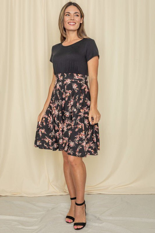 floral flare dress, USA made dress, fit and flare, women's floral dress, knee-length summer dress, modest floral dress, black floral skater dress