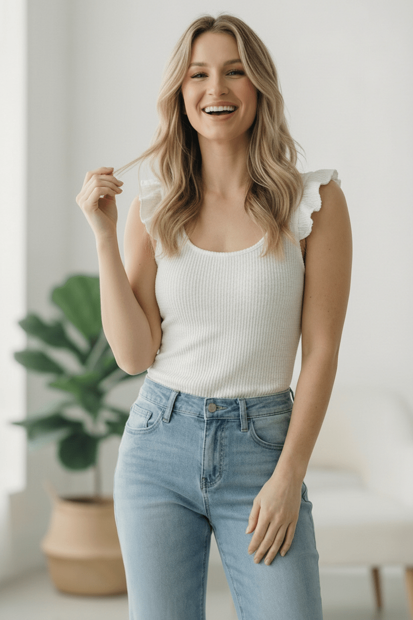 ivory bodysuit, ruffle sleeve bodysuit, ribbed knit bodysuit, feminine white top, stretchy bodysuit, scoop neck bodysuit, romantic boutique top, sleeveless ruffle bodysuit