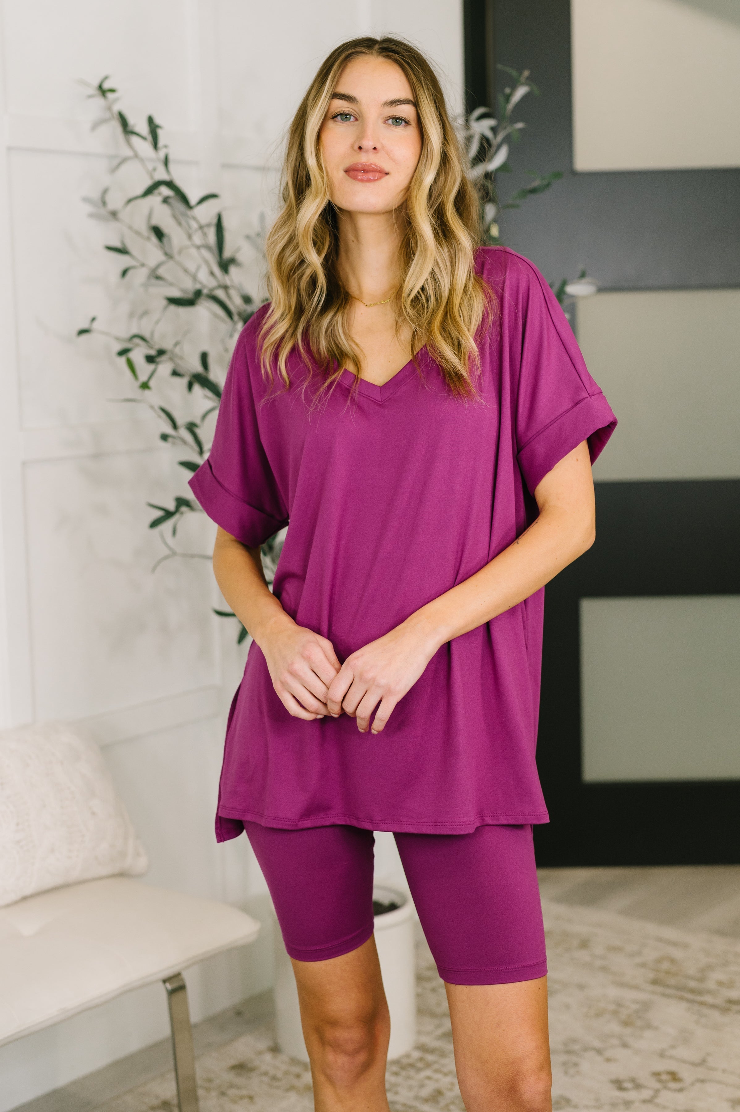 Bike short set, buttery soft loungewear, women's matching set, Lt Plum athleisure, microfiber short set, V-neck lounge set, comfortable bike shorts, summer loungewear.