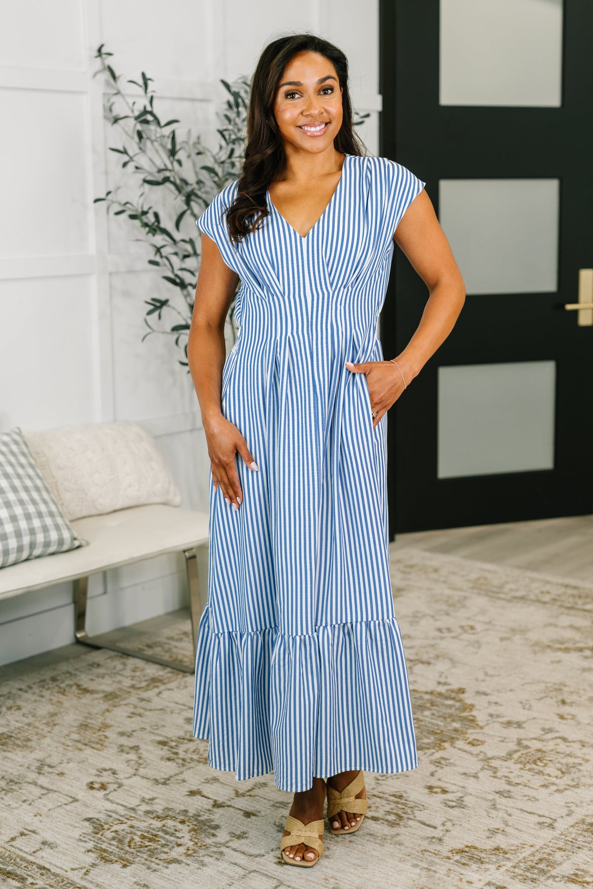 Blue striped maxi dress, smocked waist dress, summer maxi with pockets, pleated v-neck dress, blue and white stripe dress, boutique maxi dress, crinkle woven dress, flattering women's sundress.