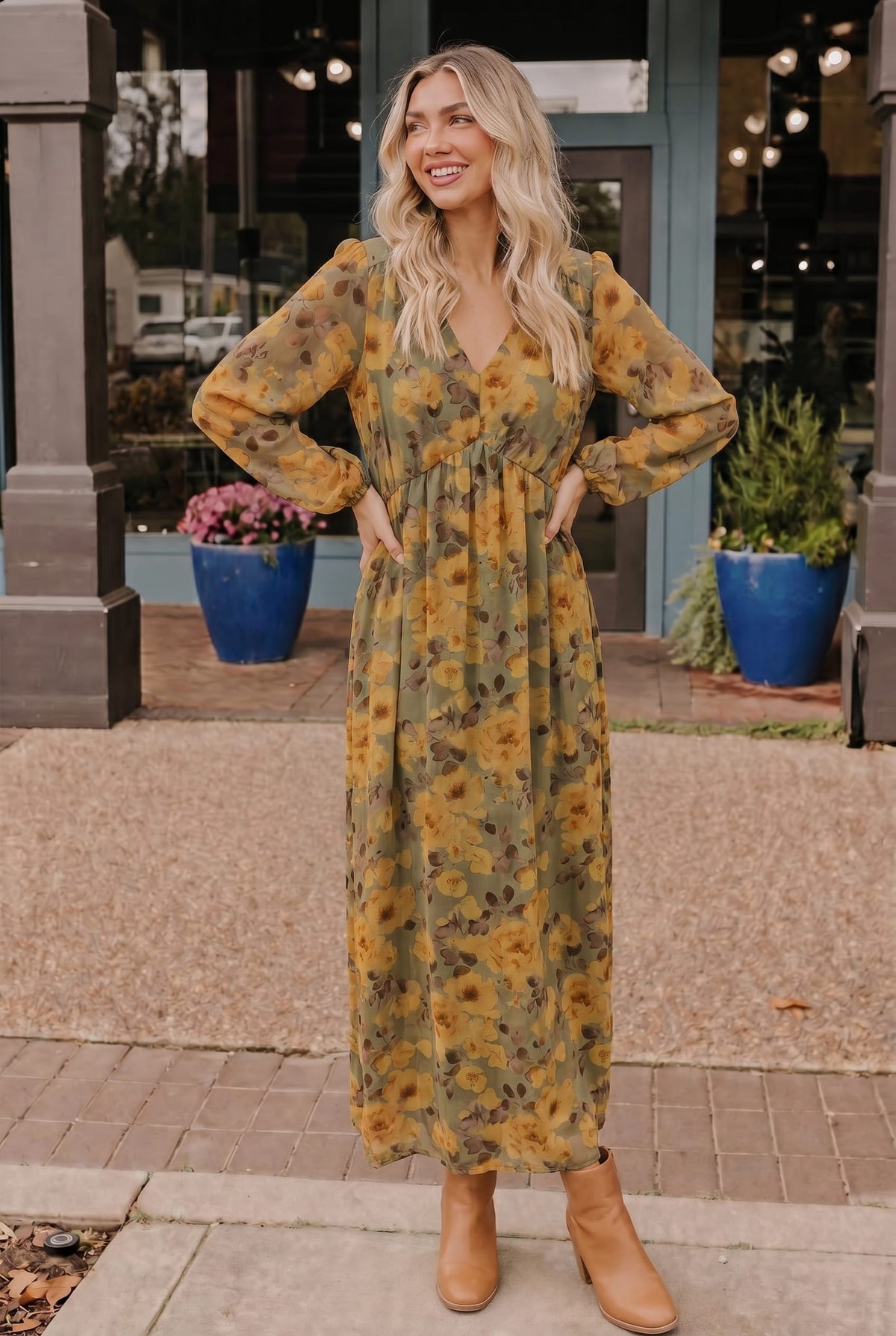 Olive Floral Maxi Dress, Long Sleeve Fall Dress, Empire Waist Maxi, Women's Floral Boho Dress, Golden Blooms Dress, Lightweight Autumn Maxi