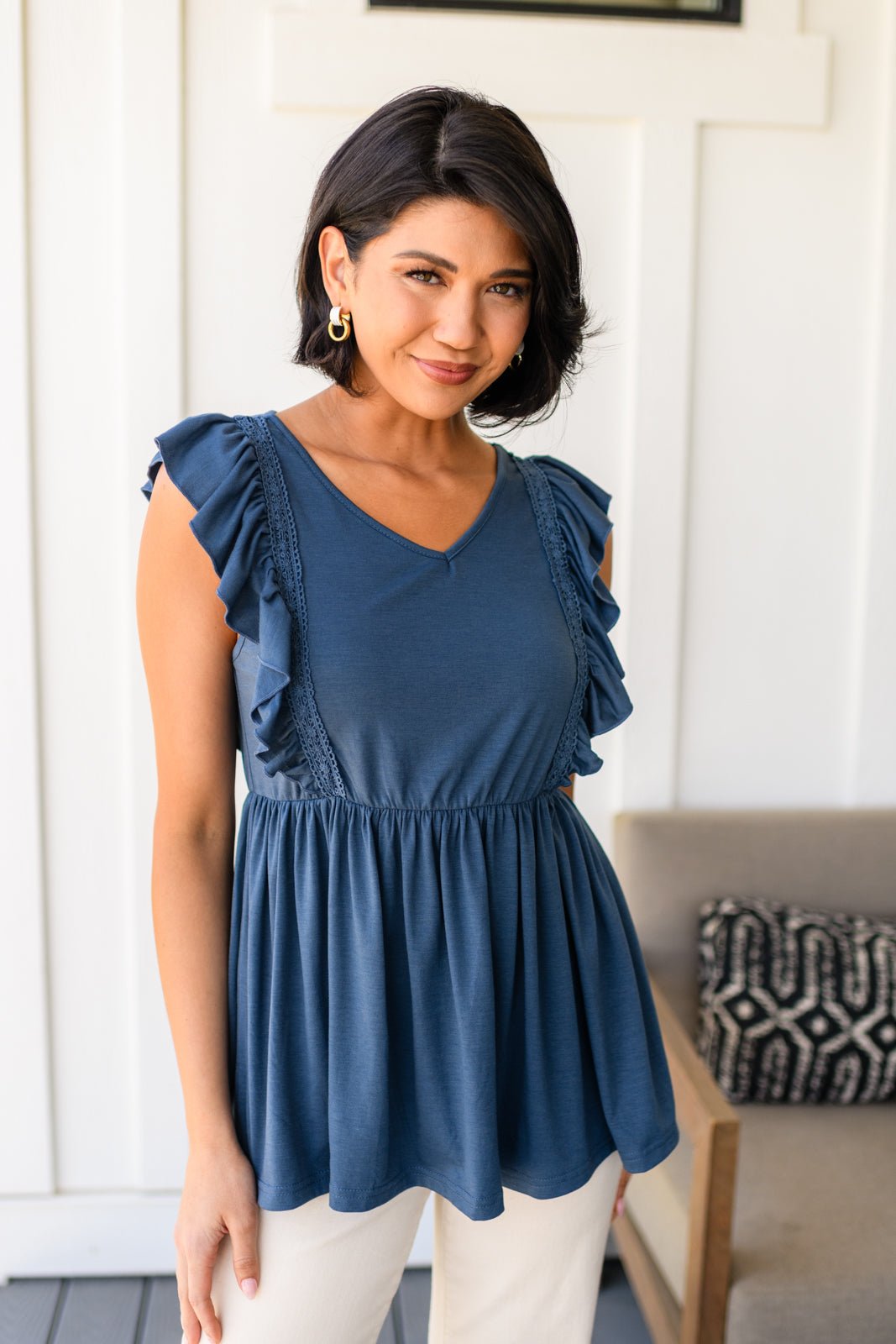 Babydoll Top, Ruffled Sleeve Shirt, Lace V-Neck Top, Women's Jersey Knit Top, Flattering Summer Top, Bohemian Style Blouse, Navy Babydoll Top, Elastic Waist Top