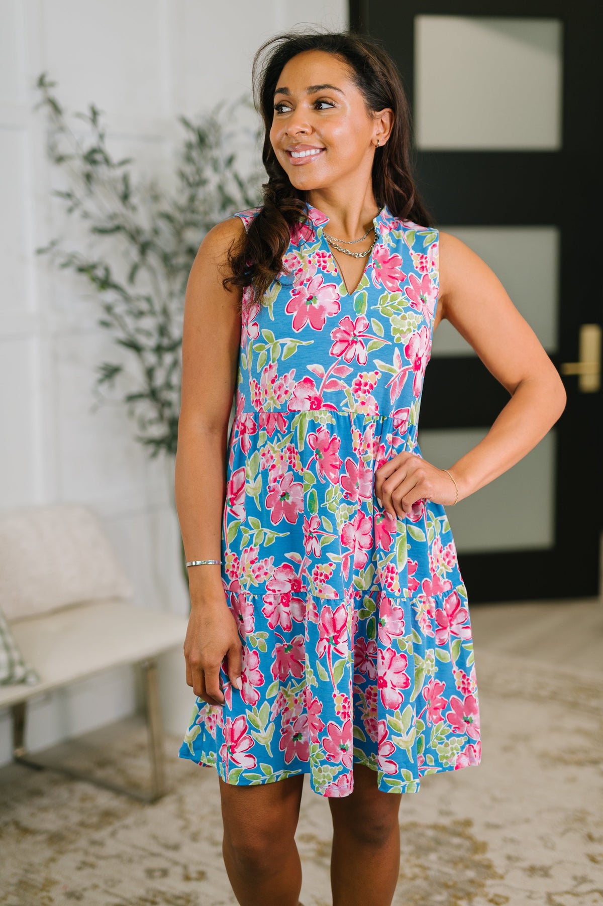 floral tiered dress, sleeveless tank dress, v-neck summer dress, dress with pockets, Bulgari fabric dress, floral print sundress, women's boutique clothing, breezy summer outfit