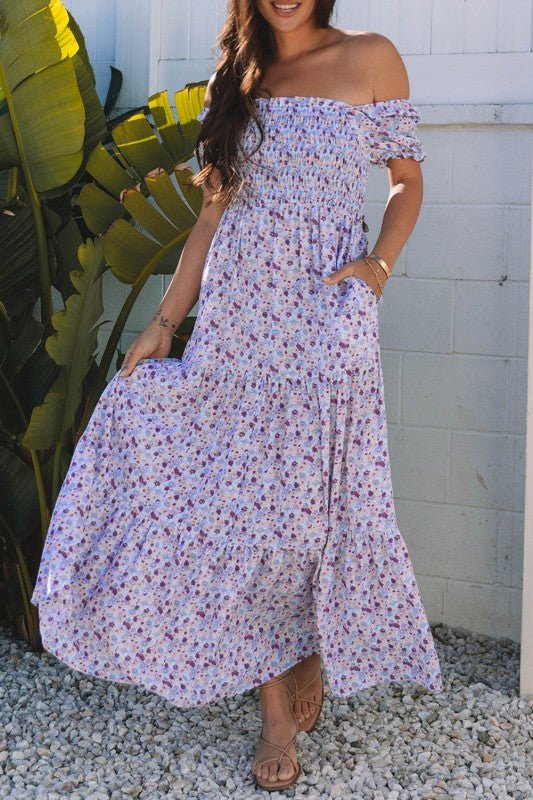 floral maxi dress, smocked bodice dress, puff sleeve maxi, summer garden dress, boho floral gown, purple floral dress, tiered maxi dress, breathable summer dress
