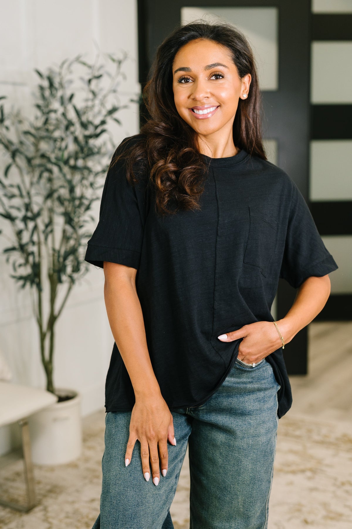 Black oversized tee, women's cotton t-shirt, relaxed fit tee, dolman sleeve top, boxy black tee, heathered knit top, minimalist loungewear, premium basic tee.