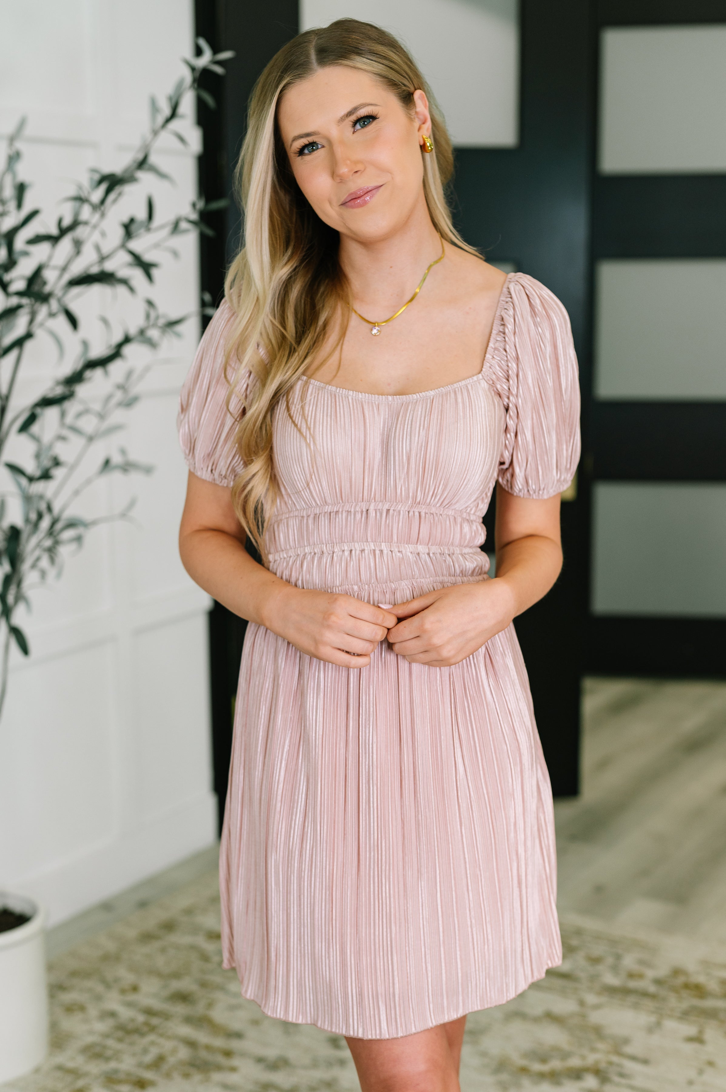 Plisse mini dress, balloon sleeve dress, satin off-shoulder dress, aesthetic fashion, pink plisse dress, women's party dress, poly satin dress.