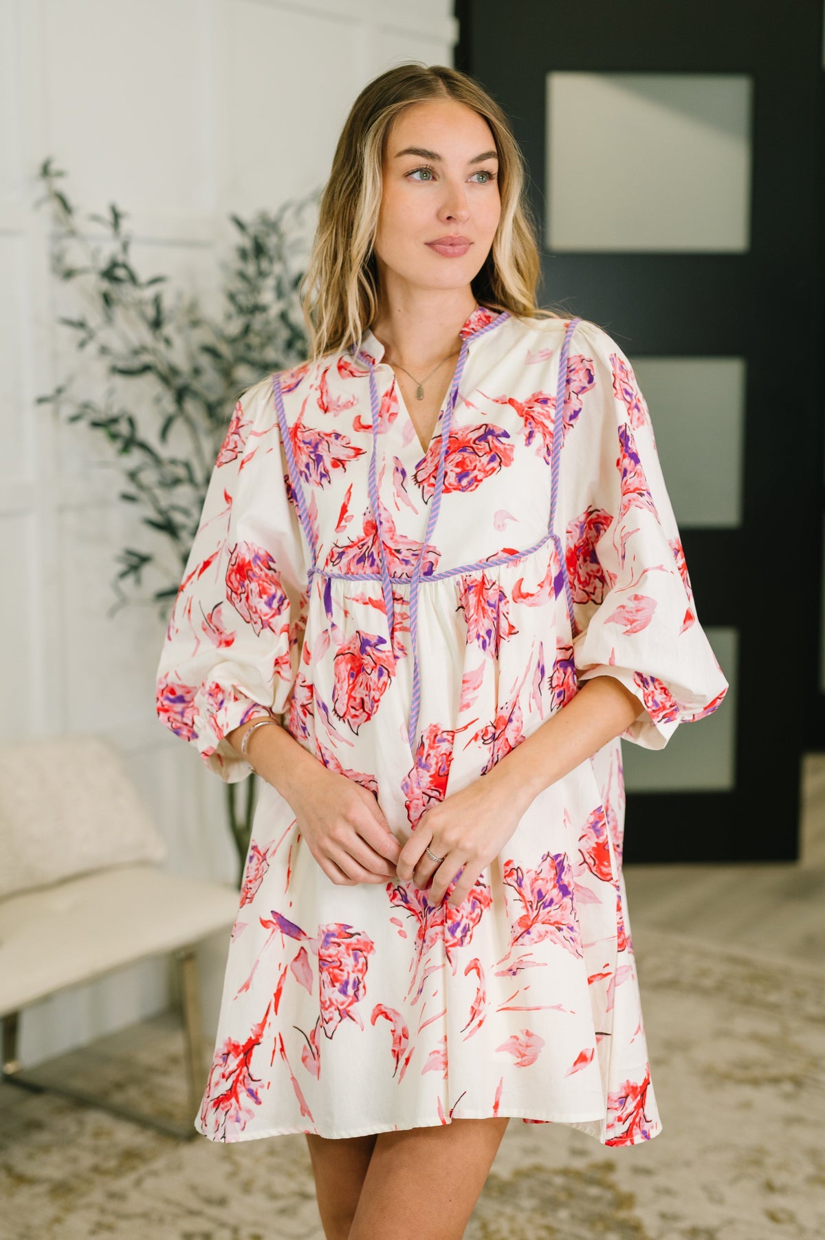 floral mini dress, puff sleeve cotton dress, women's summer floral dress, boho v-neck dress, travel dress with pockets, 100% cotton floral dress, romantic getaway outfit, lightweight sun dress