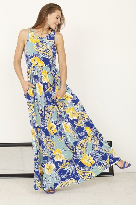 floral maxi dress with pockets, USA made summer dresses, women’s boho floral maxi, comfortable long dress with pockets, paisley maxi dress, Made in USA fashion, flattering floral sundress