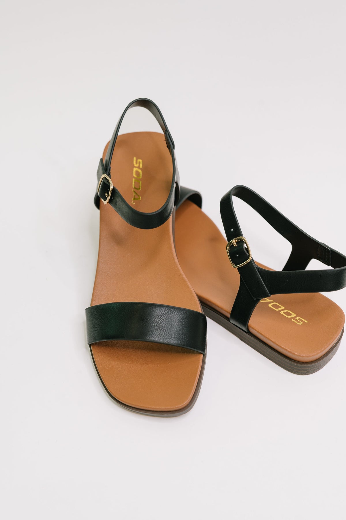 Black ankle strap sandals, square toe flats, women’s summer sandals, nubuck leather shoes, gold hardware sandals, comfortable black flats, Soda brand sandals.