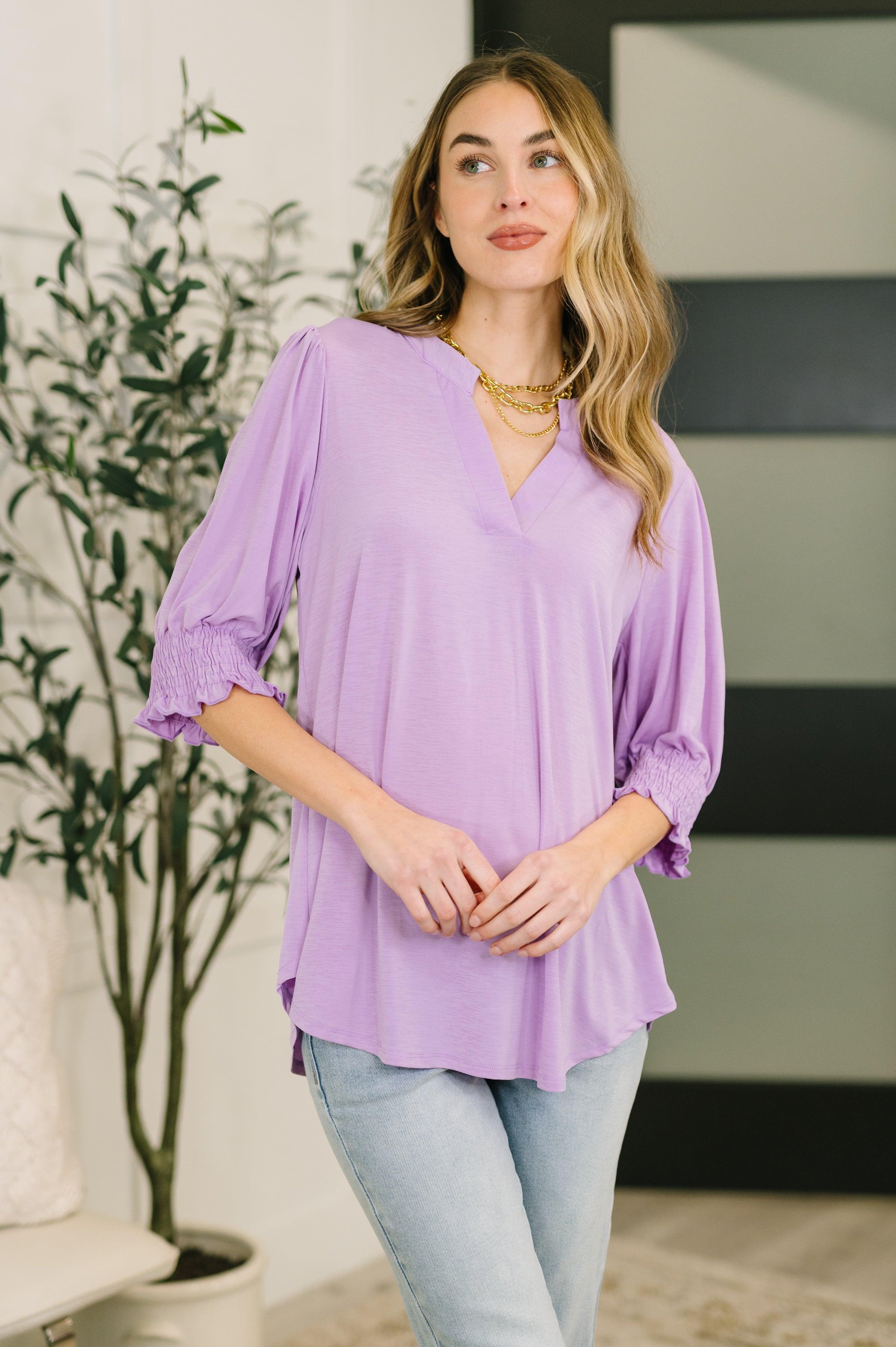 Lizzy Smock Top, Orchid Bloom blouse, purple V-neck top, Bulgari stretch fabric, smocked cuff shirt, flattering women's blouses, purple work-to-weekend top, Fabknits fashion.