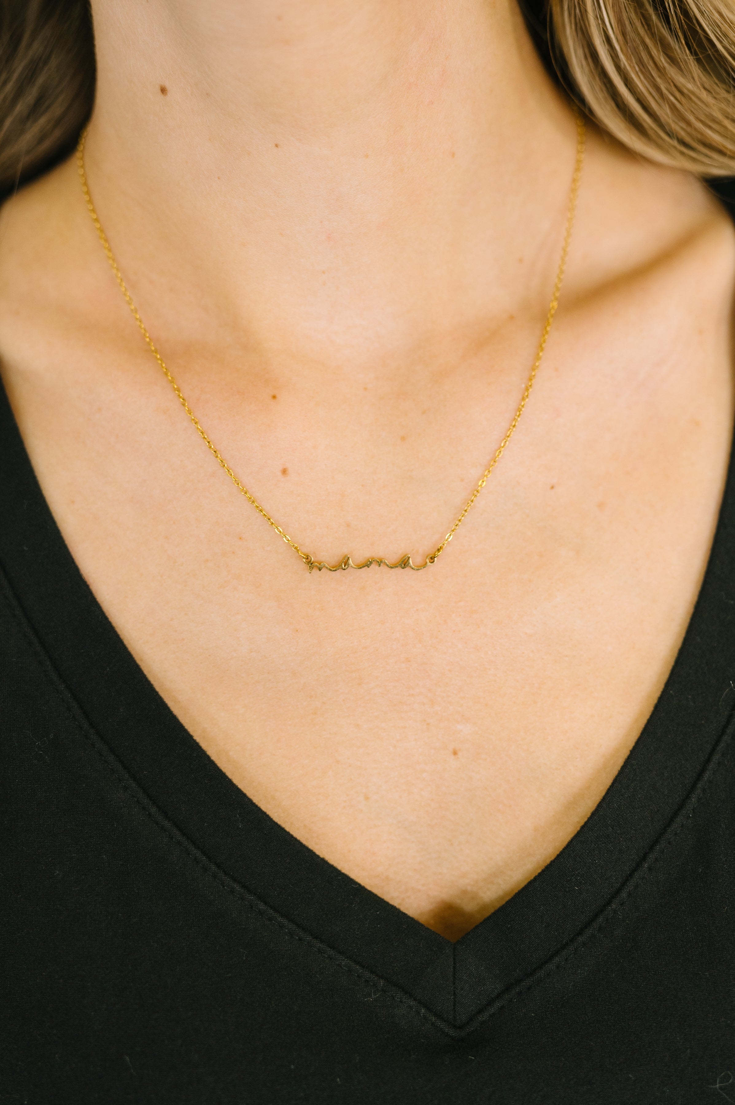 Mama necklace, gold mama pendant, gift for mom, motherhood jewelry, 18k gold dipped necklace, hypoallergenic jewelry, stainless steel mama necklace, script nameplate necklace, Mother's Day gift jewelry.