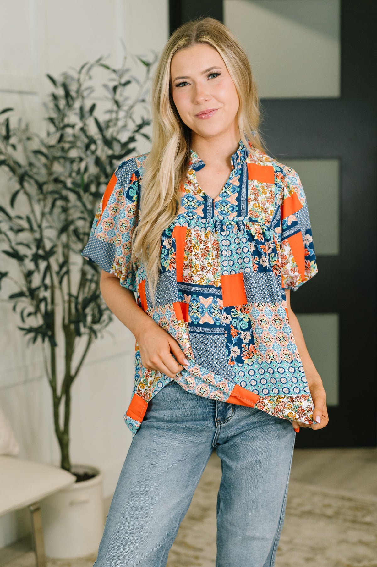 patchwork blouse, puff sleeve top, balloon sleeve blouse, boho poplin top, ruffle neck blouse, women's statement tops, A-line floral blouse, colorful boutique top
