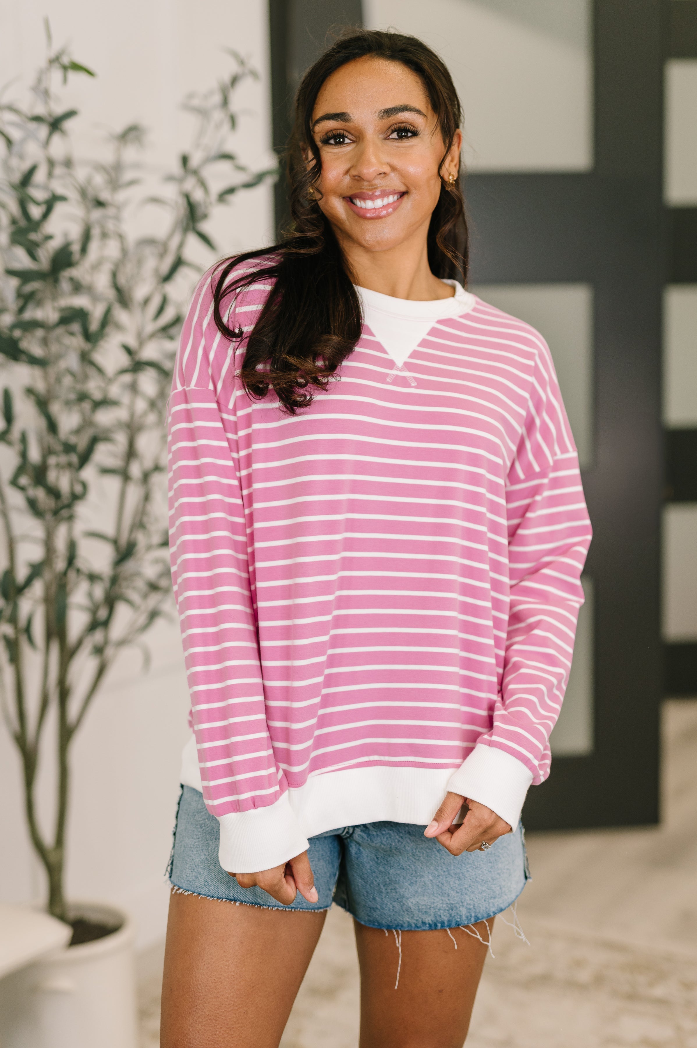 Candy Pink pullover, striped drop shoulder top, women's jersey knit sweatshirt, relaxed fit pink pullover, cotton spandex striped top, comfy lounge pullover, candy pink loungewear