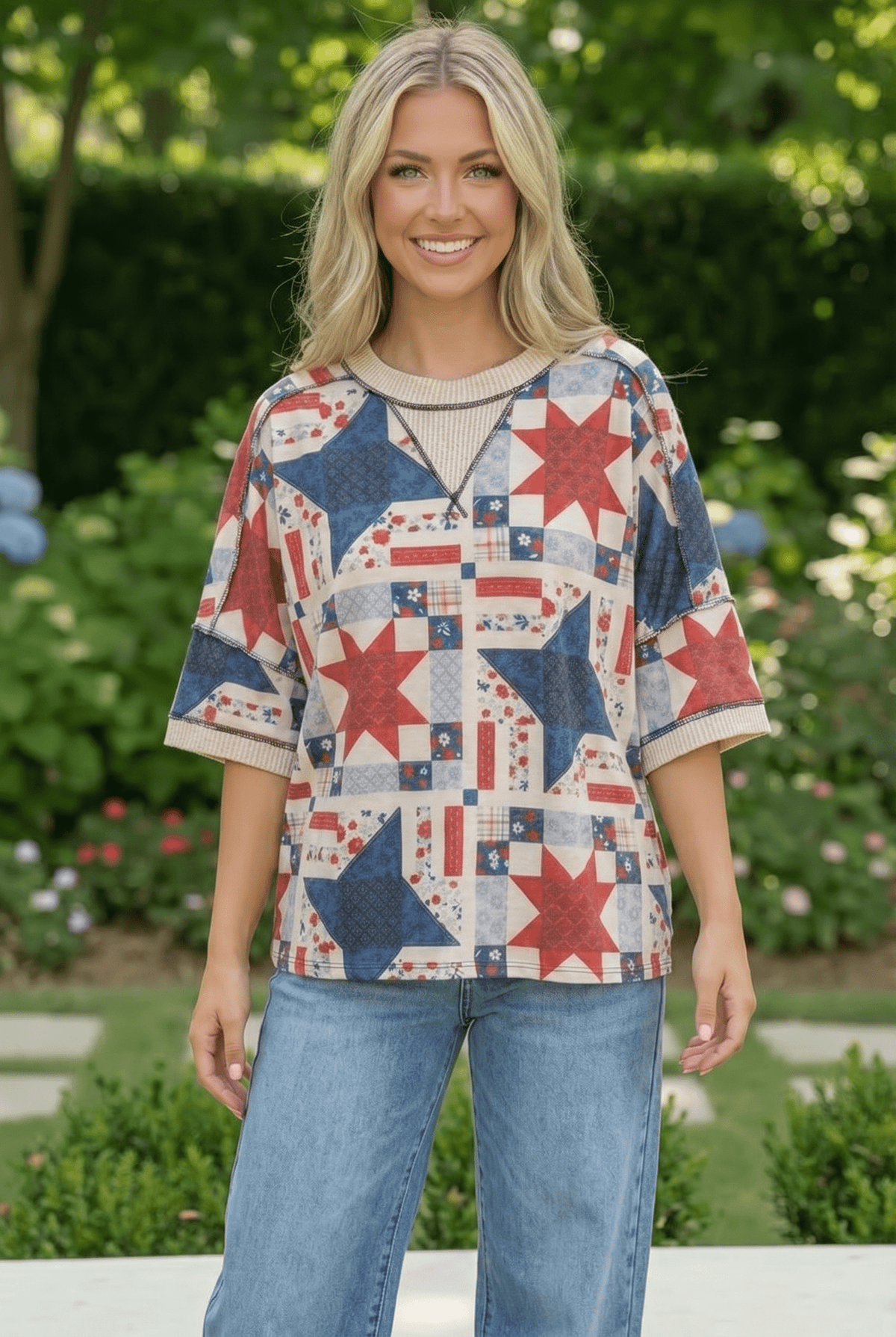 Patriotic women's top, quilt print shirt, Americana clothing, 4th of July outfit, star print blouse, relaxed fit summer top, patchwork fashion, red white and blue shirt.