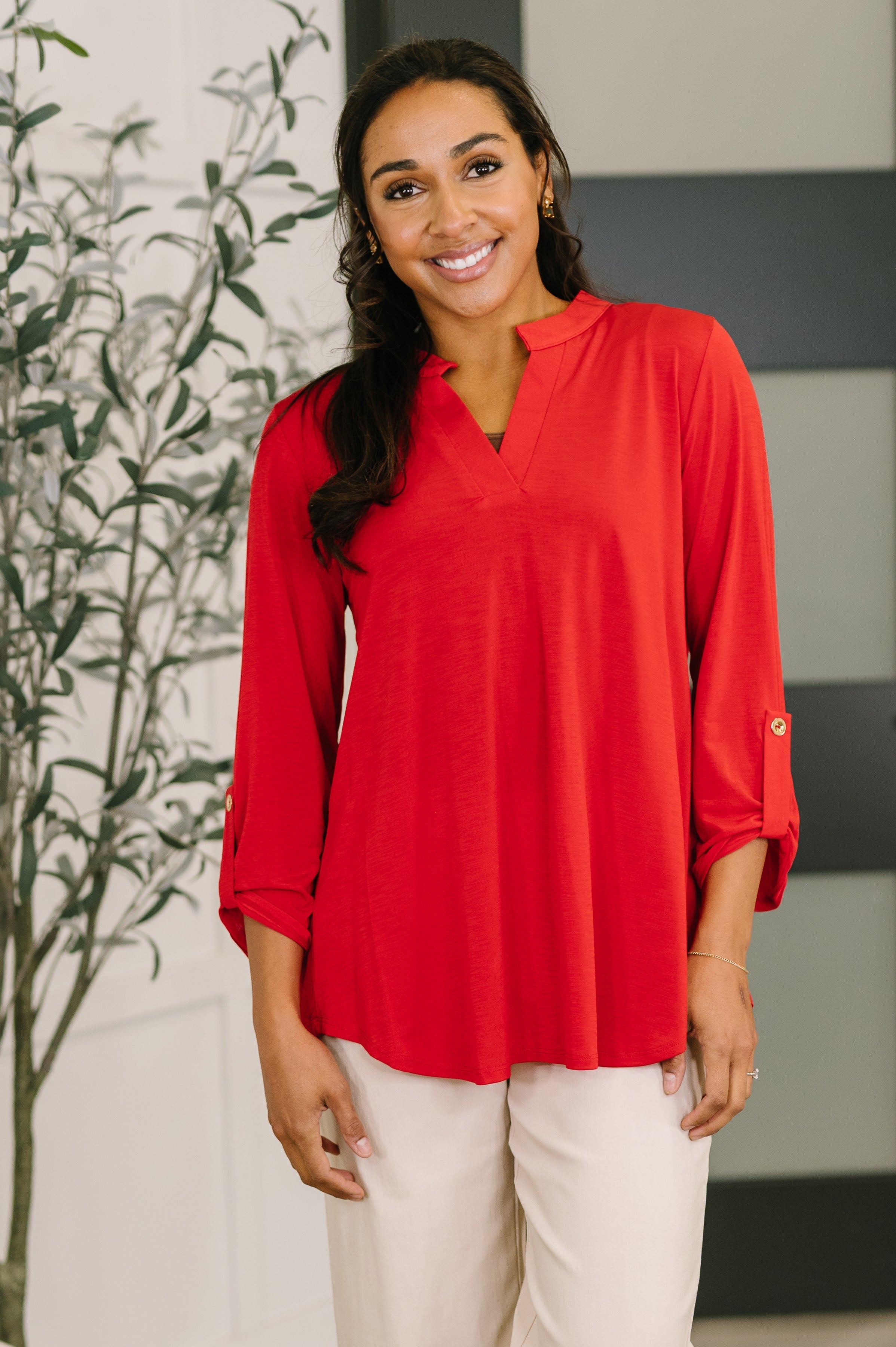 Red V-neck top, Bulgari fabric blouse, roll sleeve tunic, women's red top, gabby neckline, 3/4 sleeve shirt, scoop hem top, comfortable work blouse, boutique red top.