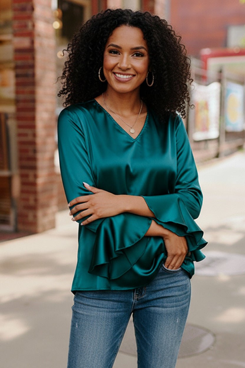 Teal Satin Ruffle Sleeve Blouse