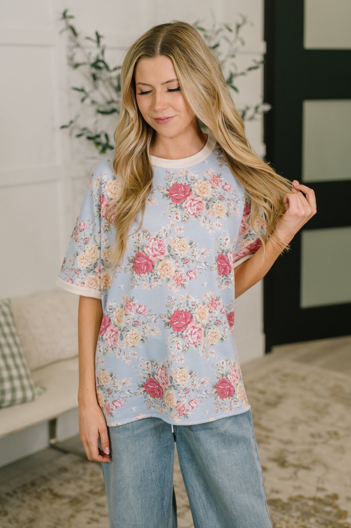 floral print tee, women's french terry top, relaxed fit floral shirt, casual drop shoulder tee, comfortable floral blouse, vintage style t-shirt, light blue floral top, effortless style clothing