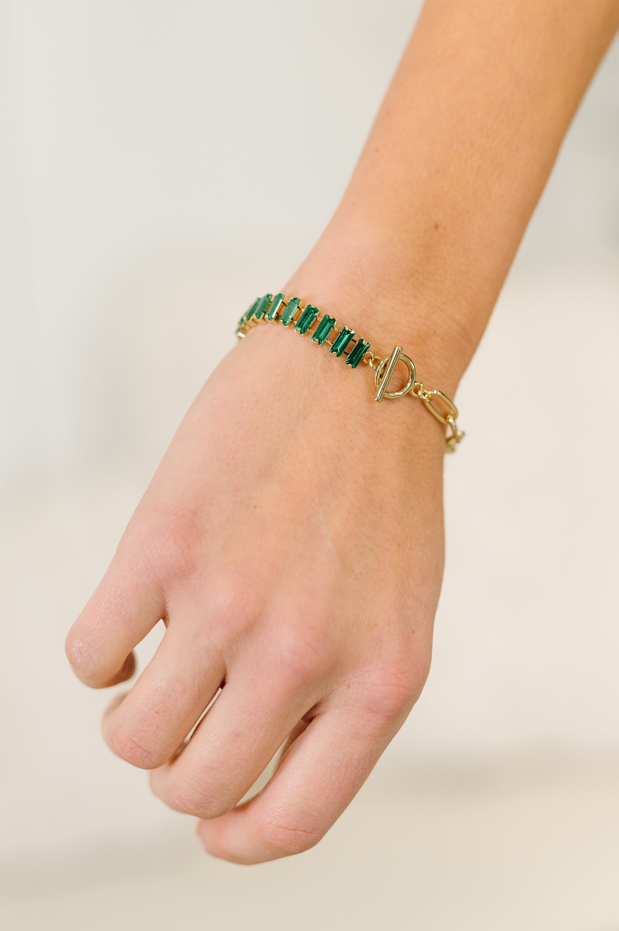 emerald bracelet, gold paperclip chain, toggle clasp jewelry, green stone bracelet, gold plated jewelry, women's statement bracelet, emerald green accessory, trendy stacking bracelets, Esmeralda bracelet