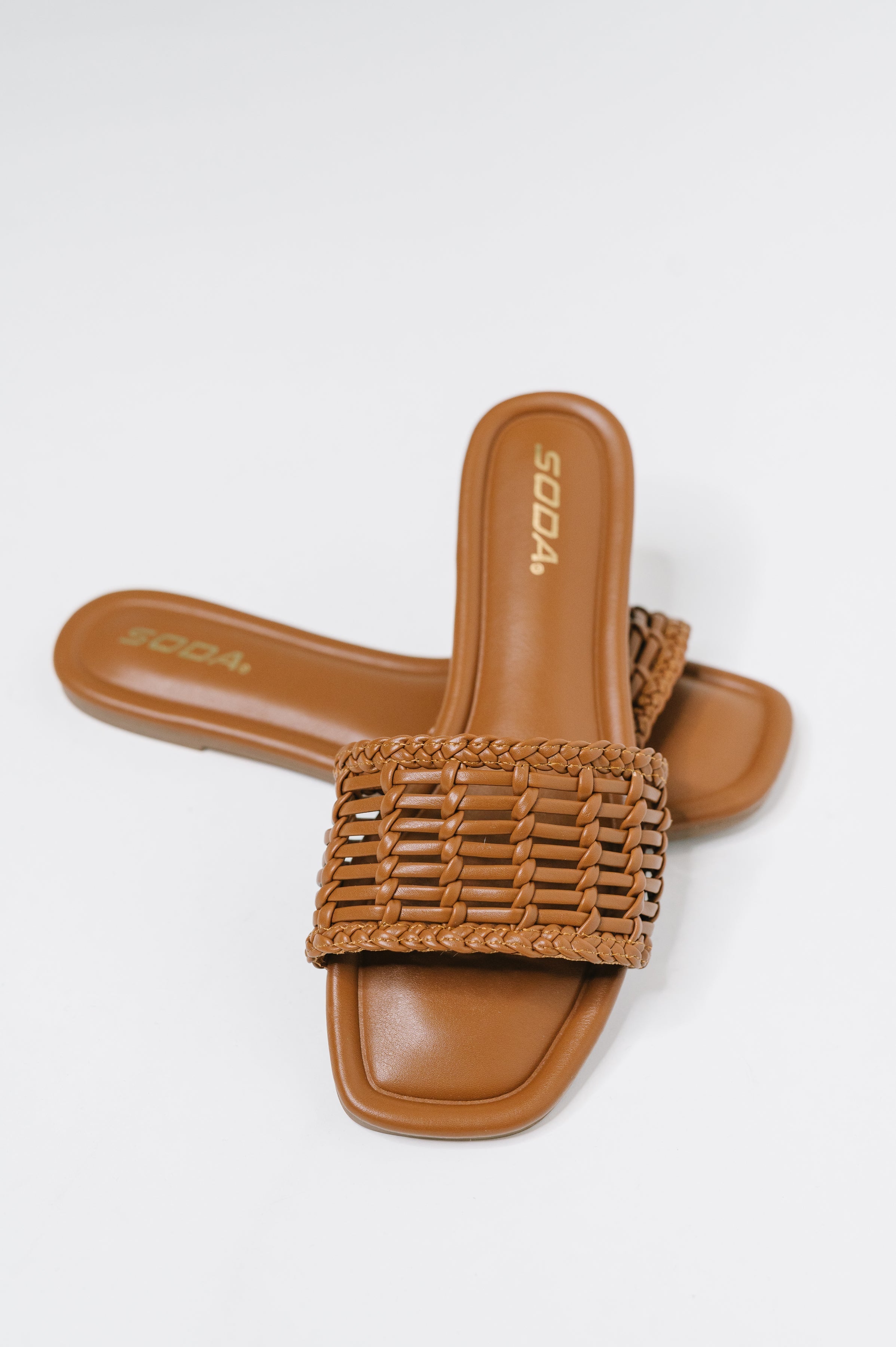 cognac woven sandals, square toe slides, women's slip on sandals, tan woven flats, summer slide sandals, comfortable woven sandals, Muni PU footwear, cognac slides