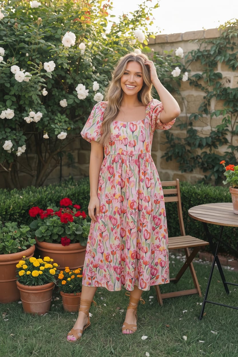 Floral midi dress, tulip print dress, puff sleeve midi, garden party outfit, watercolor floral dress, pocketed midi dress, spring brunch dress
