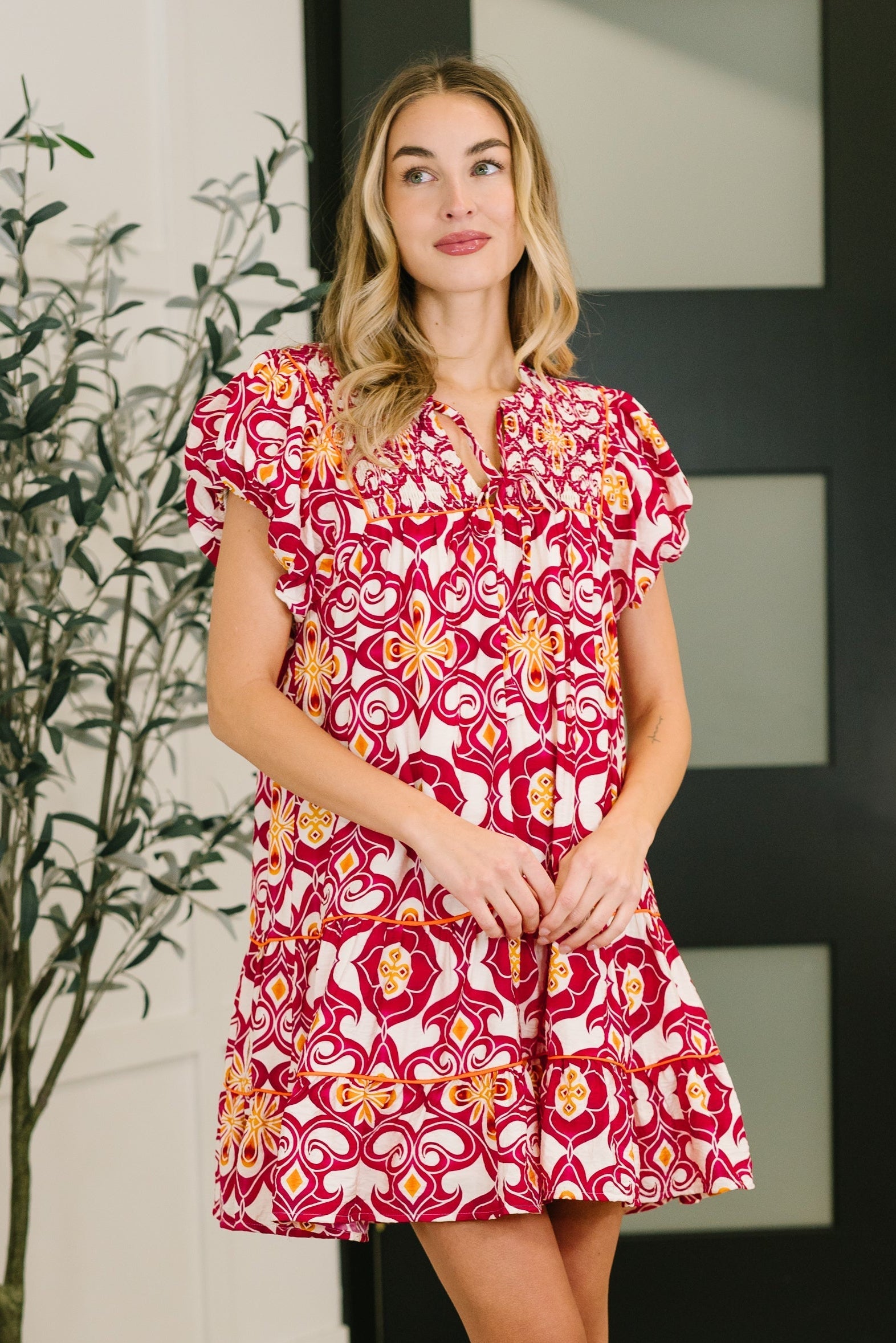 Balloon sleeve dress, boho mini dress, tiered summer dress, pink and orange dress, crinkle woven dress, smocked mini dress, women's boutique clothing, festival fashion.