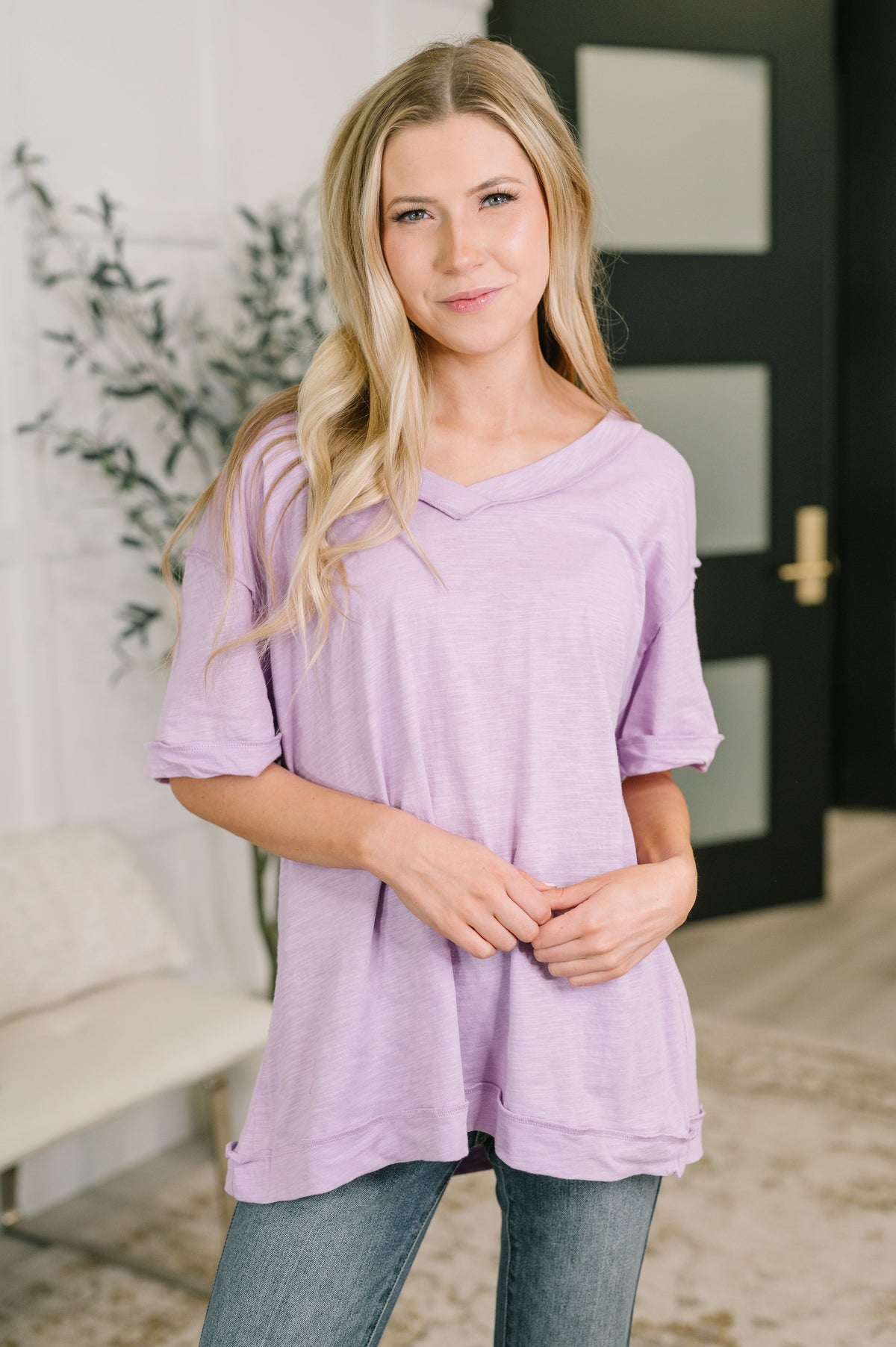 Lilac V-neck tee, women’s relaxed fit shirt, cotton heathered knit top, lavender casual t-shirt, drop shoulder tee, effortless summer style, purple cotton basics.