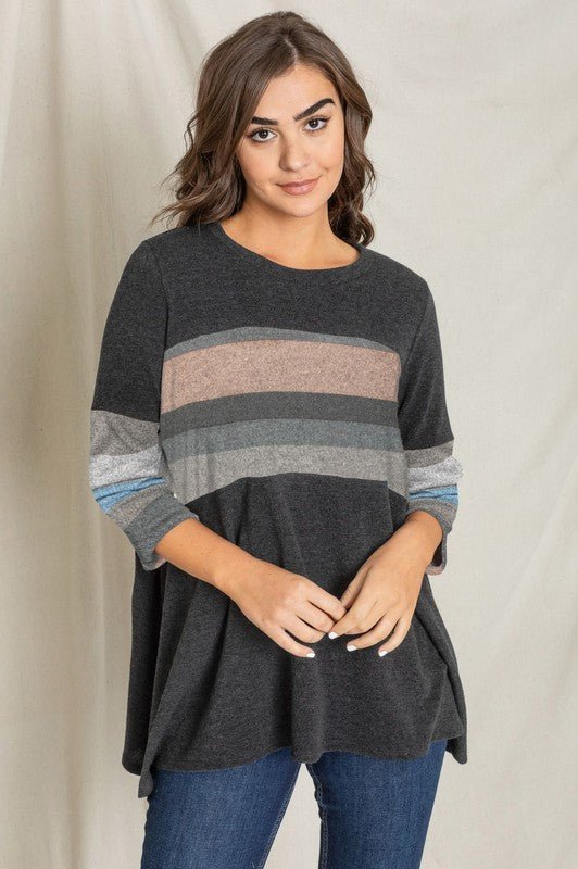 Knit tunic, A-line top, striped panel tunic, made in USA clothing, women's casual tops, soft knit tunic, flattering tunic tops, boutique fashion, comfortable everyday wear.