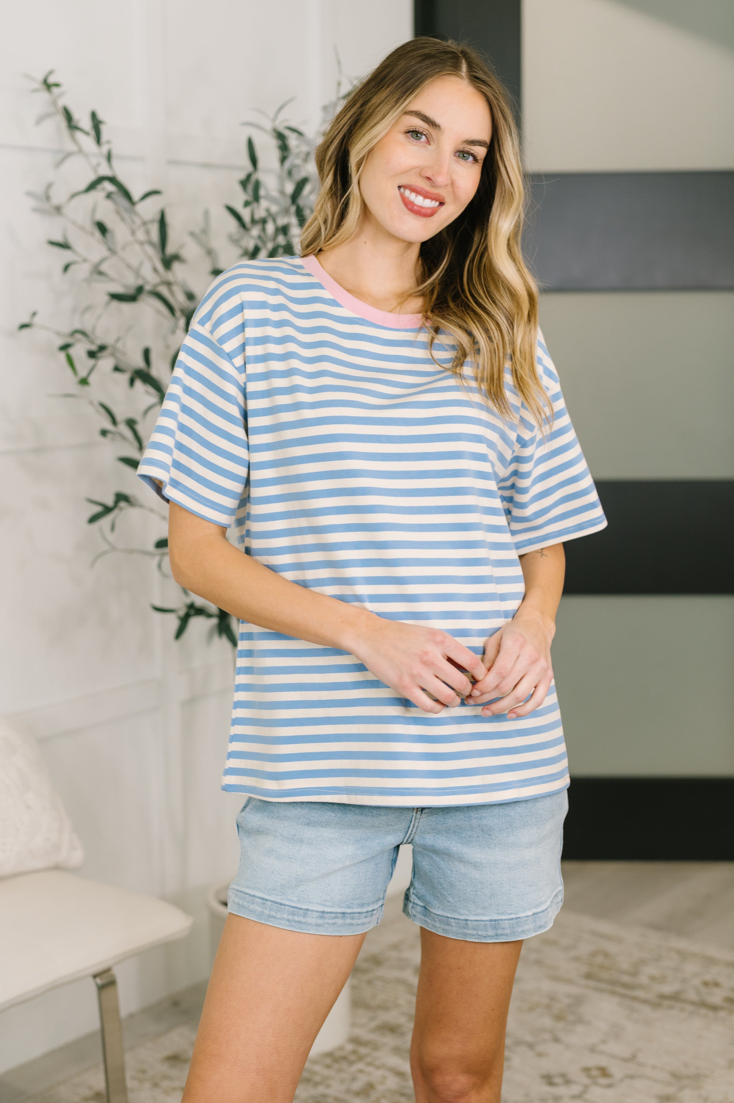Striped Boxy Tee, Blue and Pink Striped Shirt, Women's Cotton Loose Tee, Contrast Neck T-Shirt, Soft Jersey Knit Top, Relaxed Fit Striped Tee, Summer Wardrobe Staples