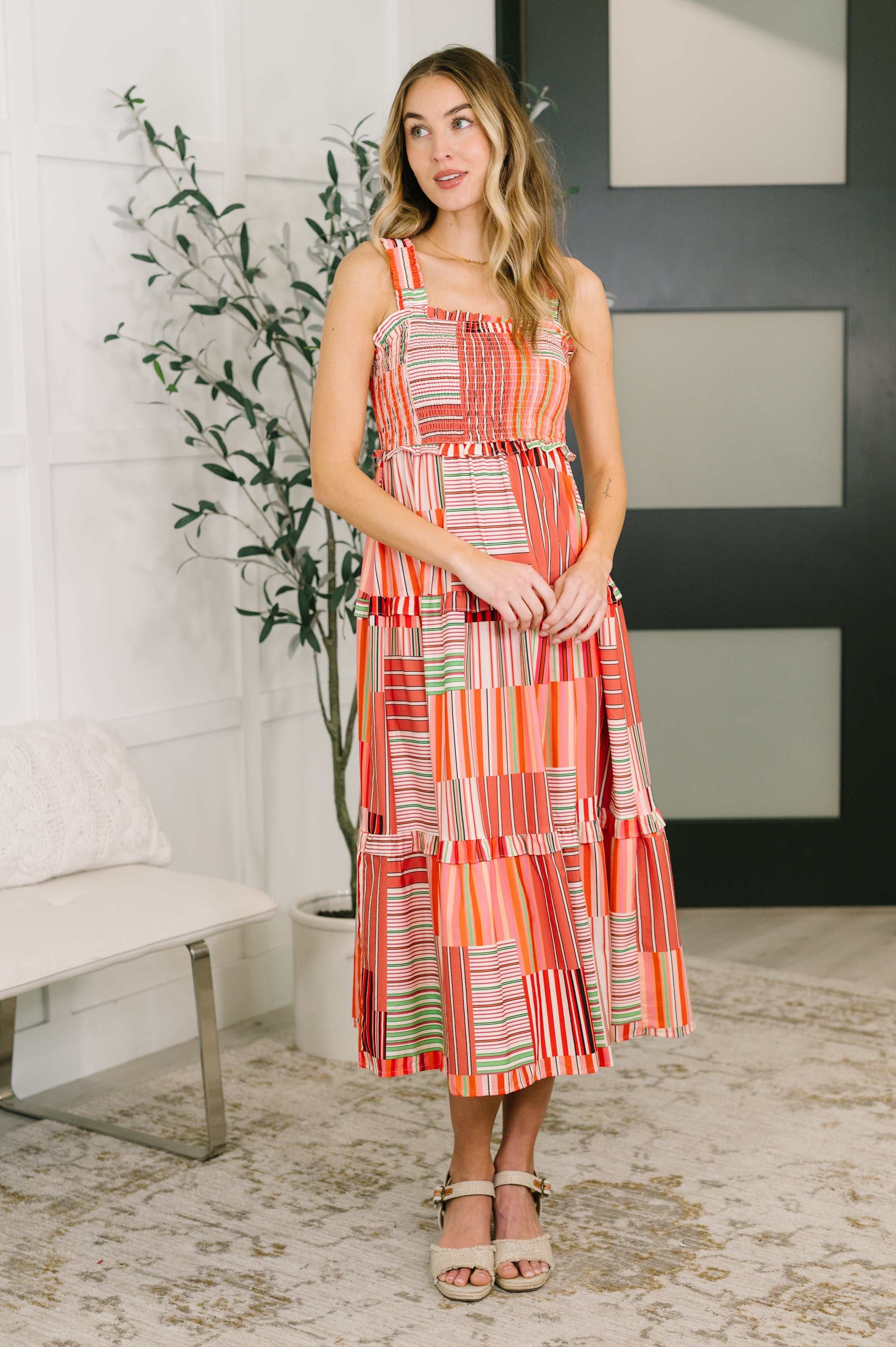 Smocked Tiered Dress, Crinkle Knit Midi, Boho Ruffle Dress, Wide Strap Sundress, Women’s Romantic Fashion, Extra Sentimental Dress, Flowy Summer Dress