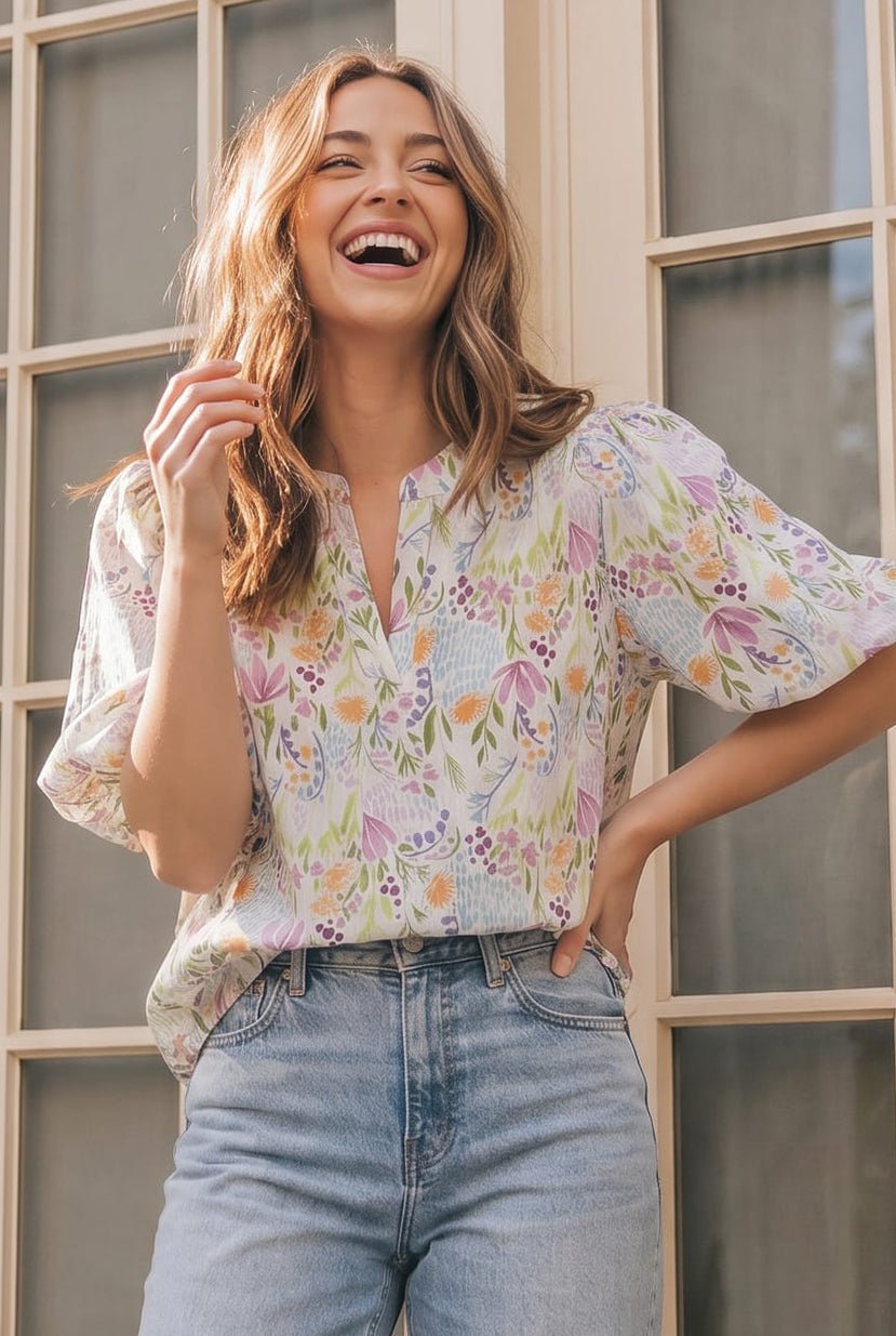 Floral blouse, watercolor top, flutter sleeve shirt, women’s spring fashion, summer office wear, feminine wildflower blouse, breezy V-neck top.