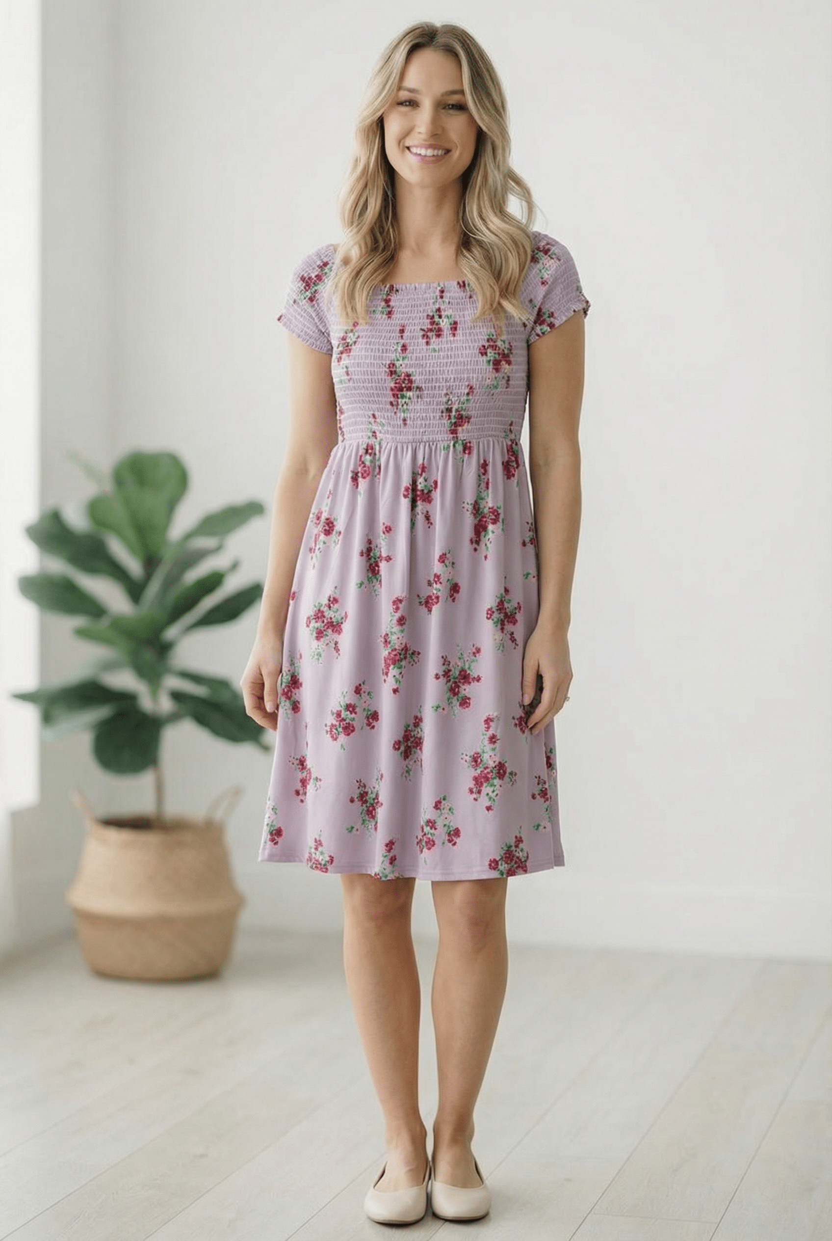 lilac floral dress, smocked bodice dress, vintage floral midi, romantic women’s fashion, short sleeve floral dress, purple floral dress, My Favorite Chapter dress, stretchy summer dress