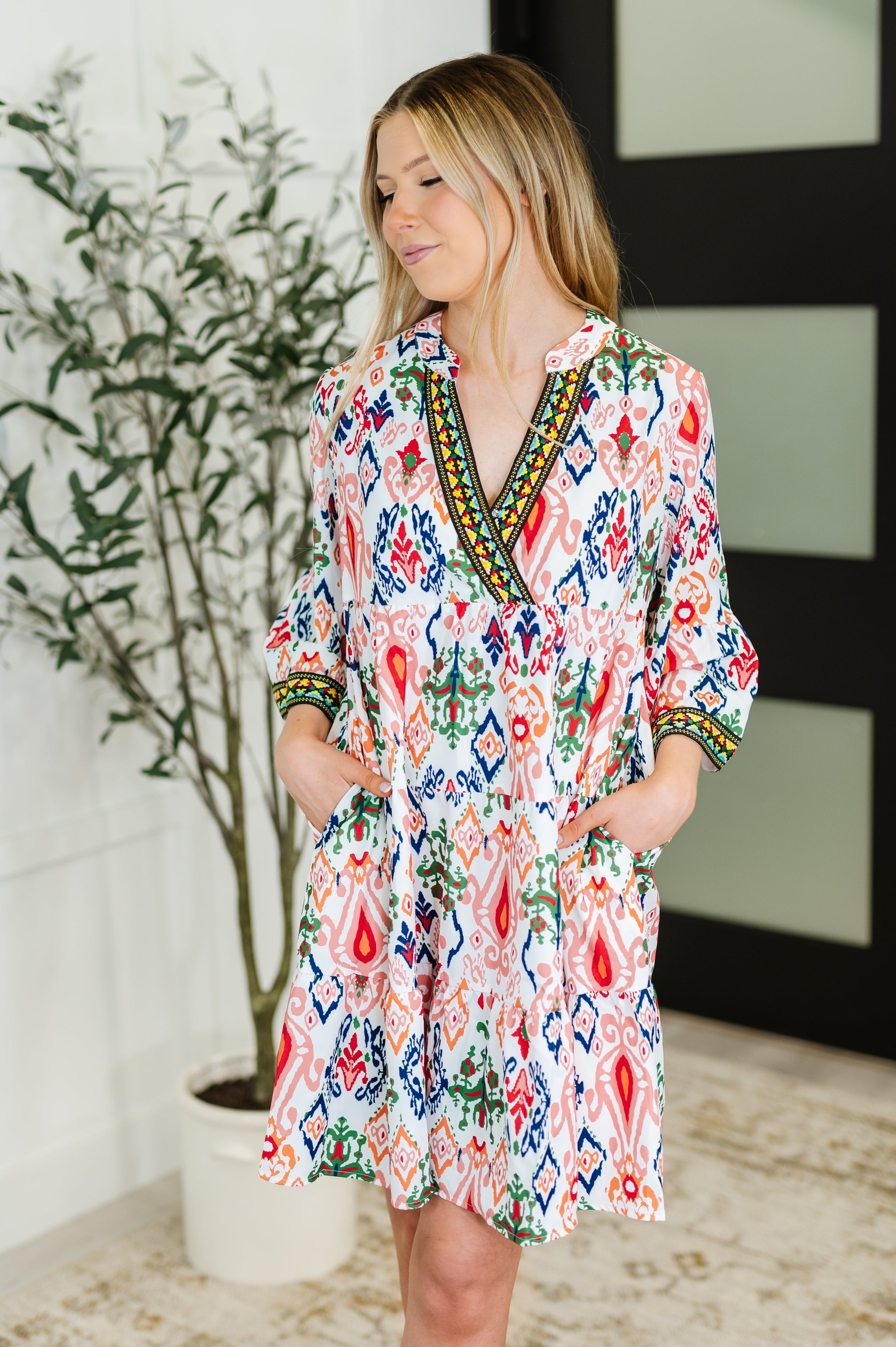 Boho tiered dress, embroidered mini dress, dress with pockets, bohemian style clothing, poplin woven dress, bell sleeve dress, v-neck boho dress, colorful summer dress, whimsical fashion