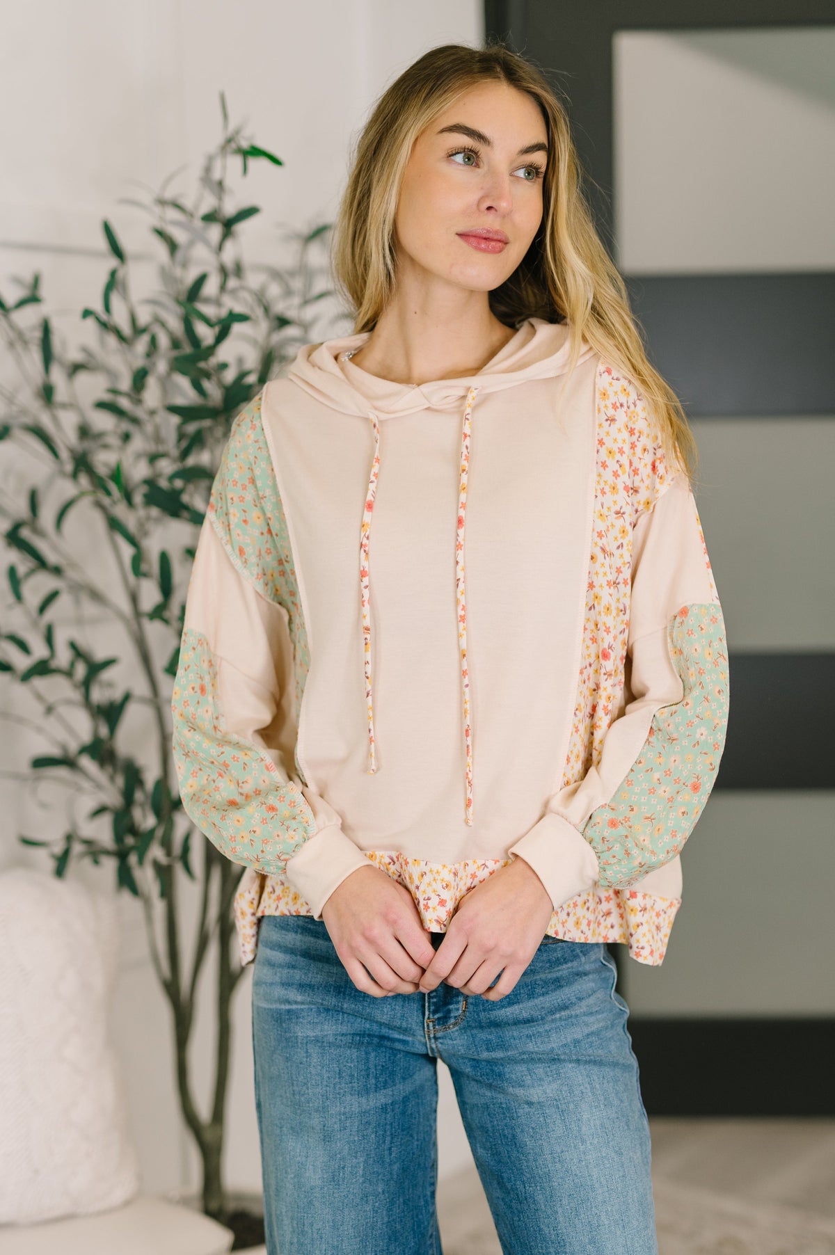 Floral patchwork hoodie, women's French terry pullover, boho floral sweatshirt, boutique hooded tops, high stretch women's hoodie, exposed seam sweatshirt, crinkle woven contrast top.