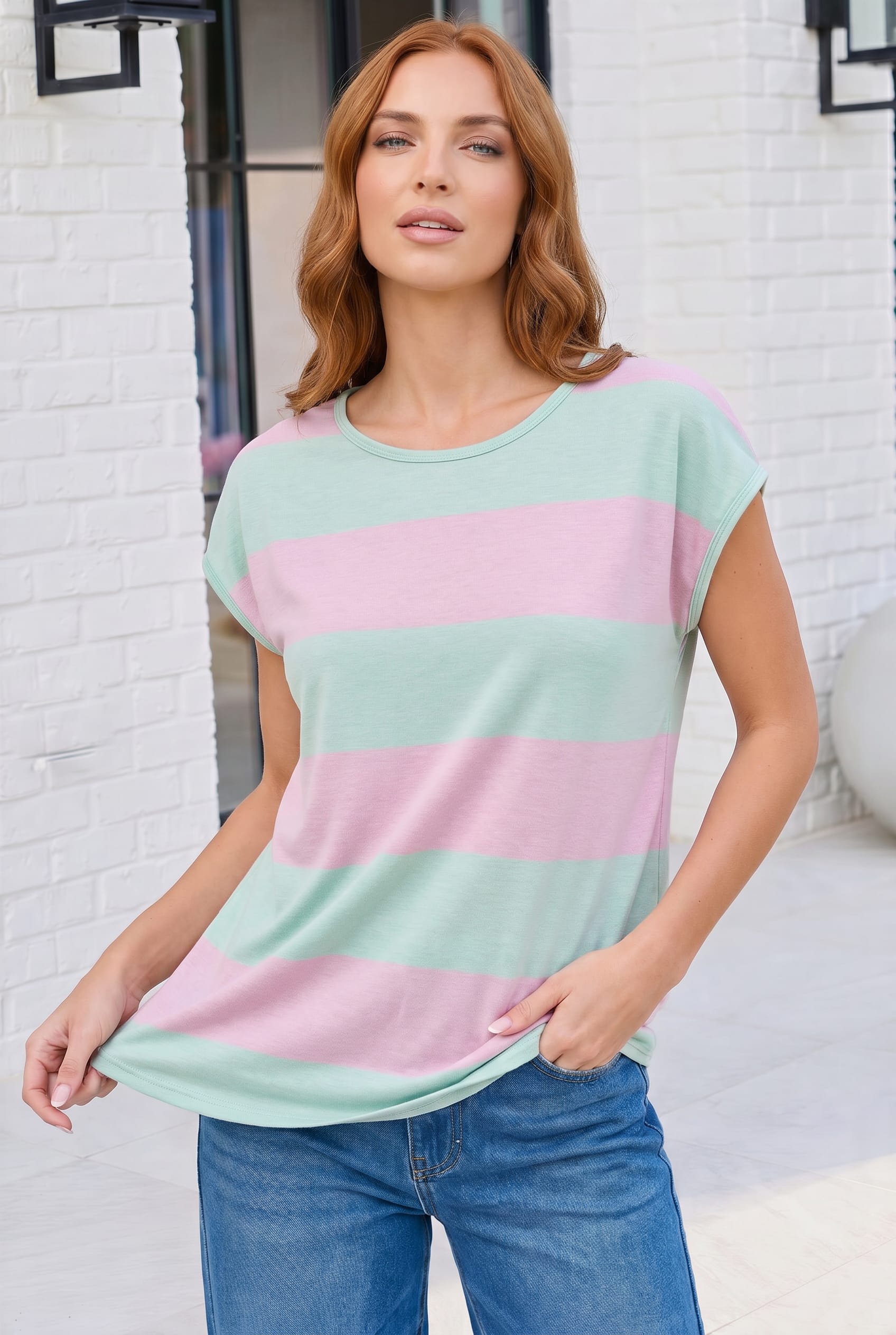 Mint and pink striped top, women's relaxed fit tee, pastel striped shirt, rolled cap sleeve top, lightweight knit summer shirt, bubblegum stripe blouse, breezy striped top.