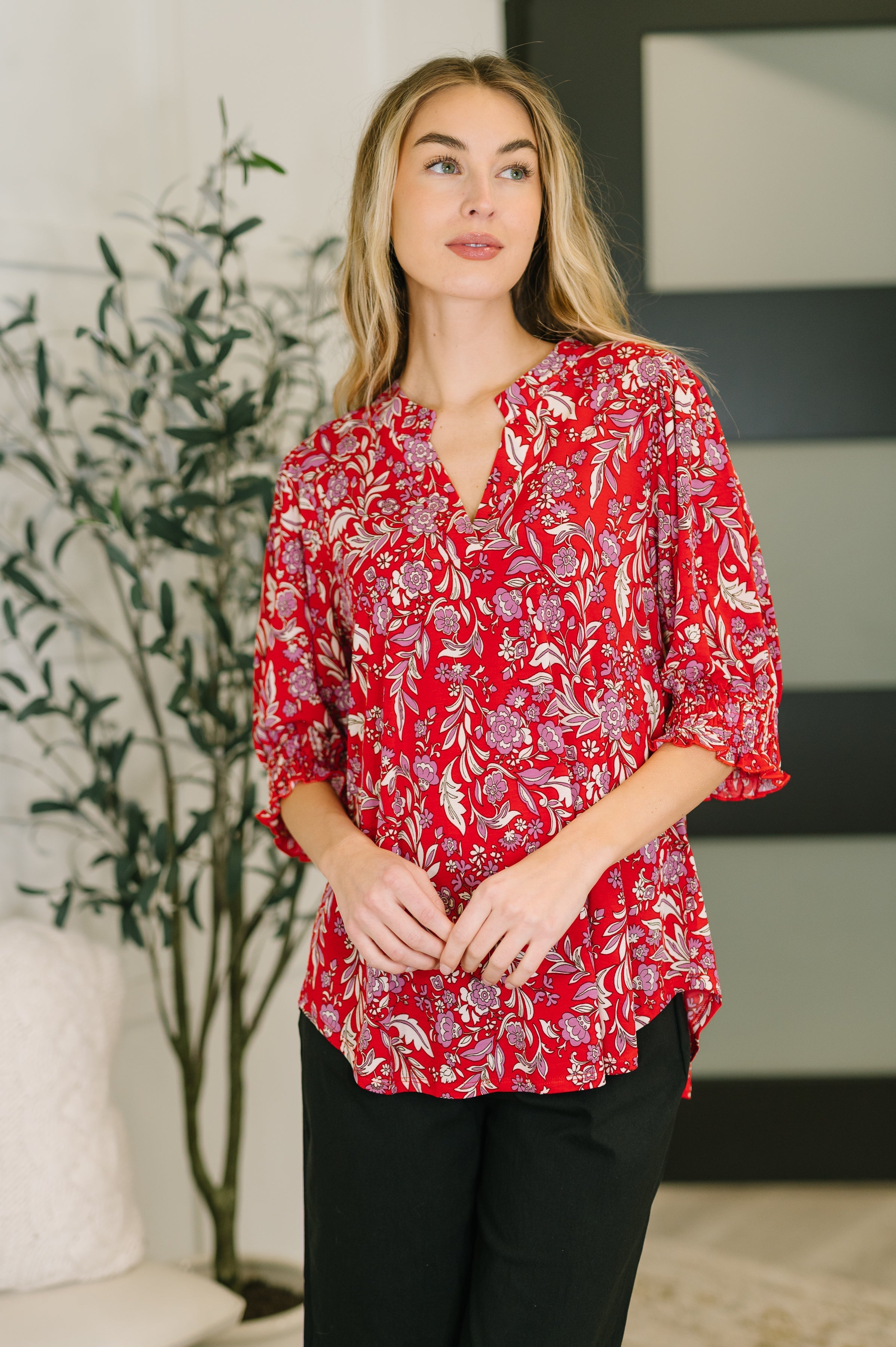 floral smock top, red pink blouse, v-neck floral shirt, stretchy women's top, smocked sleeve top, spring floral fashion, Bulgari fabric top, versatile floral blouse