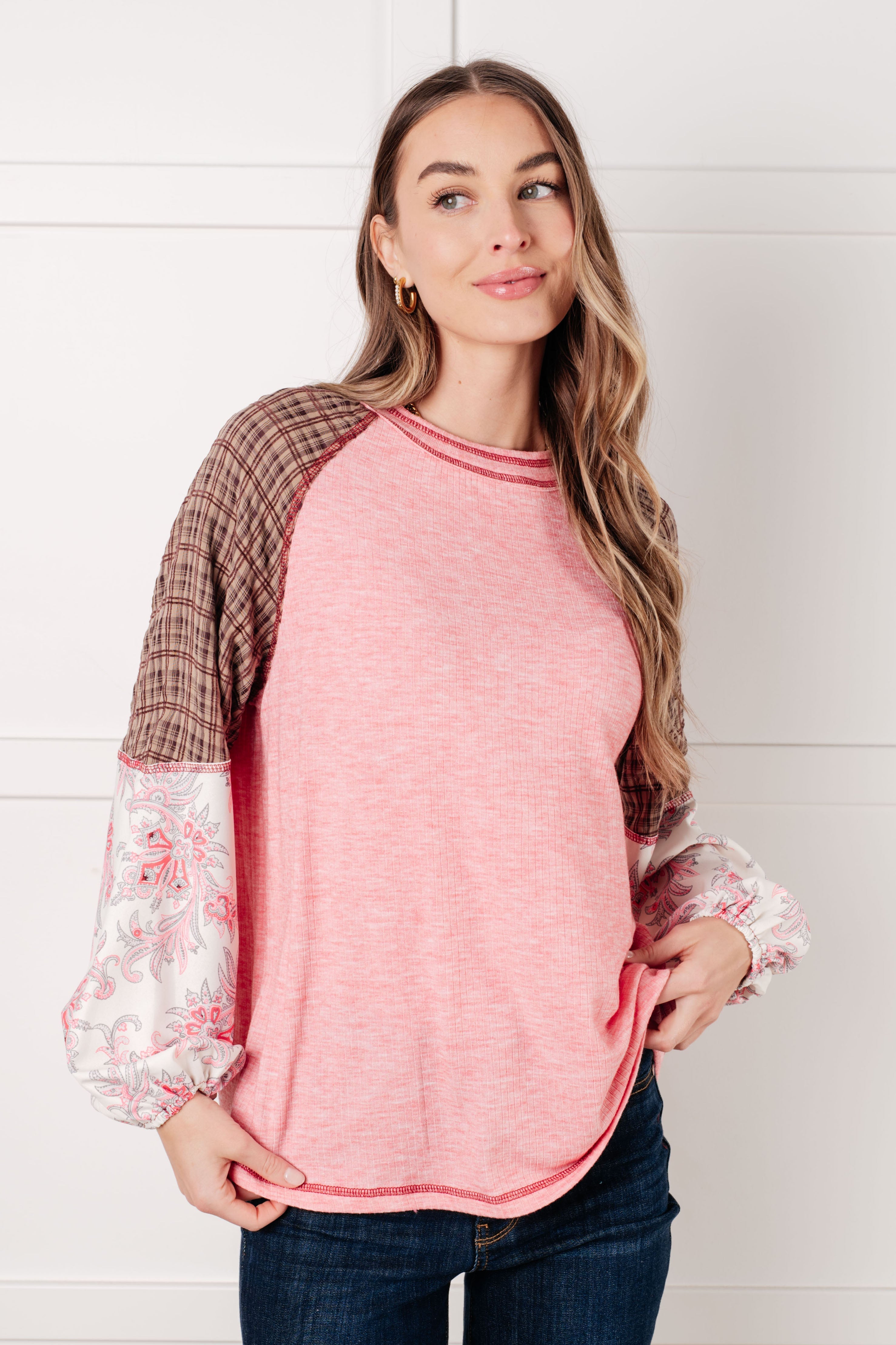 Floral color block top, mixed media women's shirt, balloon sleeve blouse, boho raglan top, pink ribbed knit top, plaid and floral shirt, boutique style tops, contrast sleeve top.