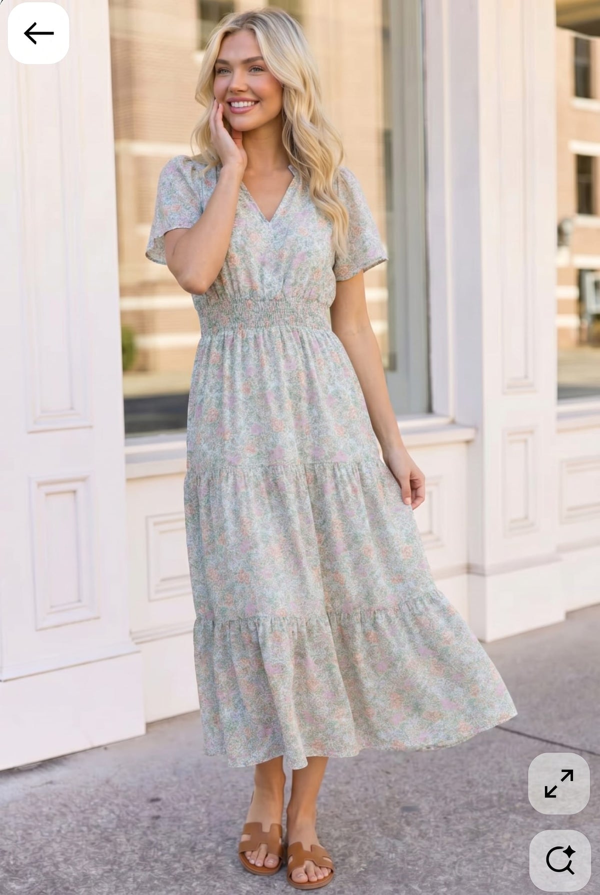 Floral midi dress, sage floral dress, smocked waist midi, ditsy print dress, tiered midi skirt, summer brunch outfit, garden party dress, boho floral dress, women's midi dress with pockets.